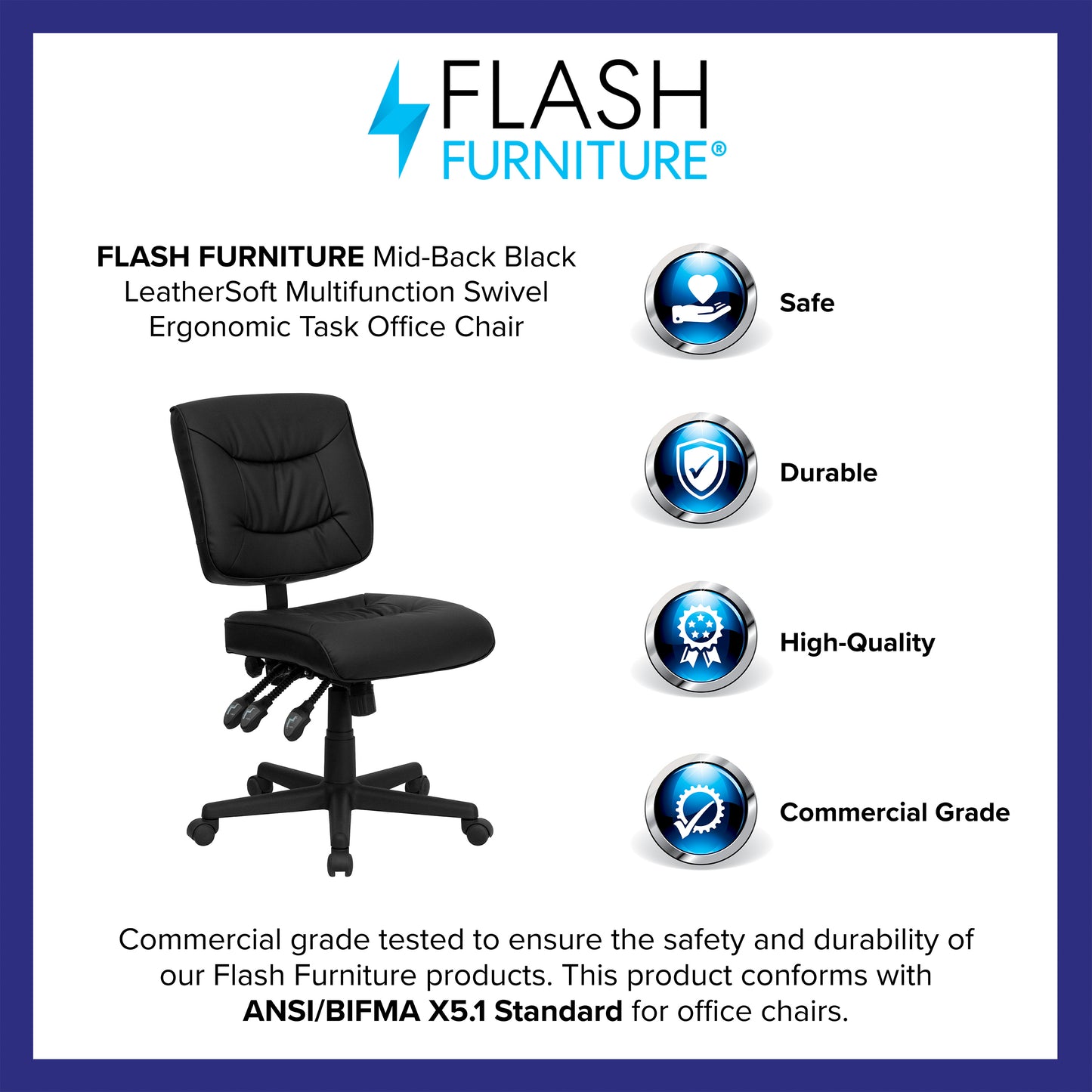 Cole Mid-Back Black LeatherSoft Multifunction Swivel Ergonomic Task Office Chair Black