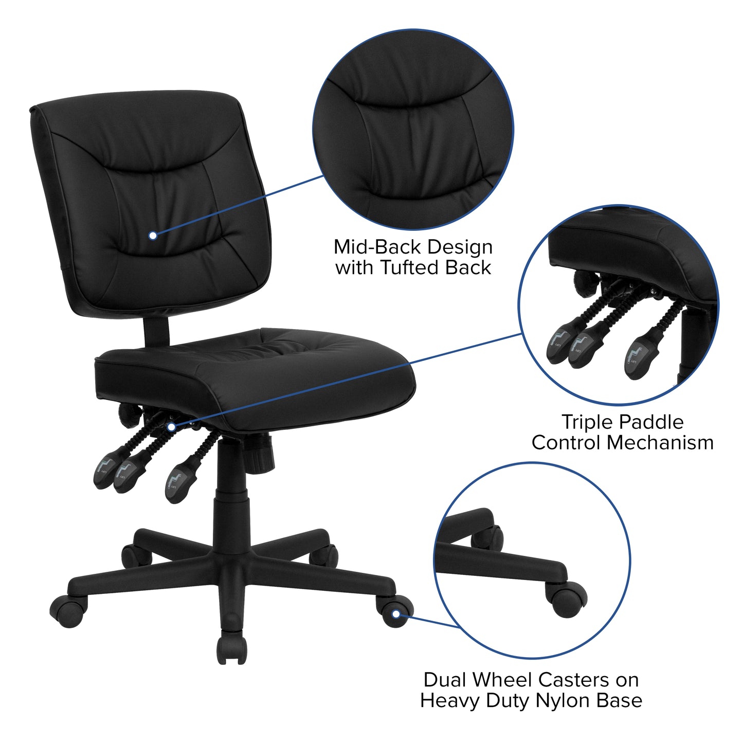 Cole Mid-Back Black LeatherSoft Multifunction Swivel Ergonomic Task Office Chair Black