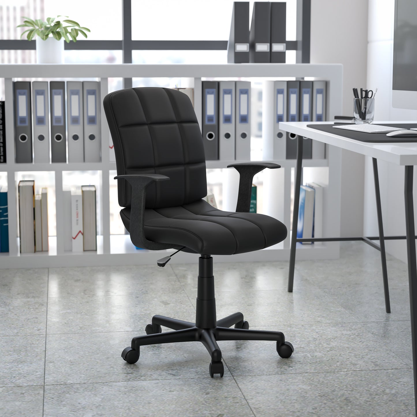 Clayton Mid-Back Black Quilted Vinyl Swivel Task Office Chair with Arms Black