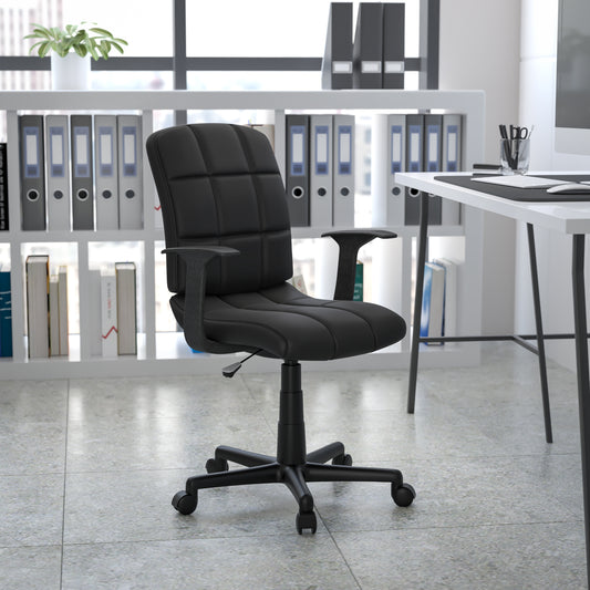 Clayton Mid-Back Black Quilted Vinyl Swivel Task Office Chair with Arms Black GO-1691-1-BK-A-GG