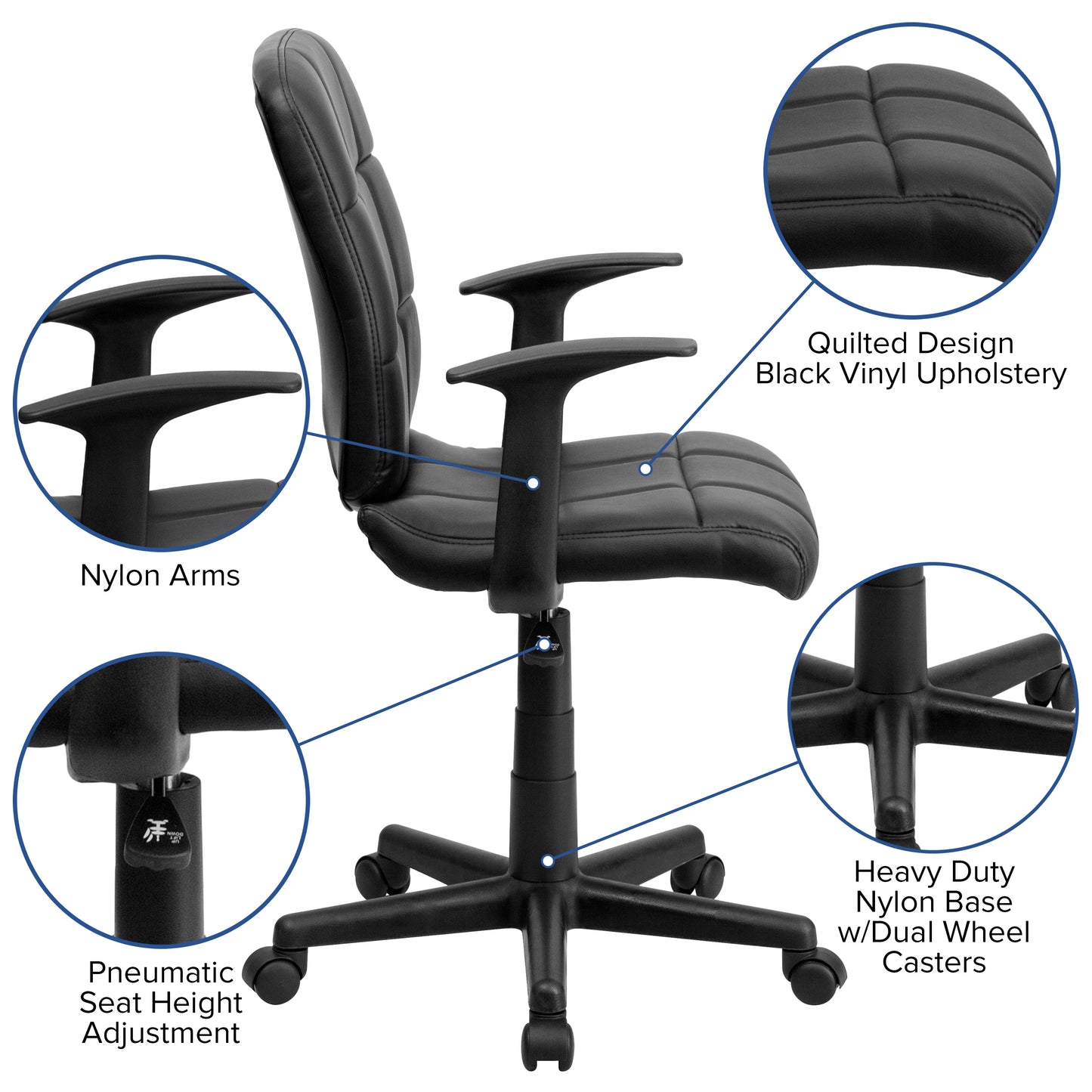 Clayton Mid-Back Black Quilted Vinyl Swivel Task Office Chair with Arms Black