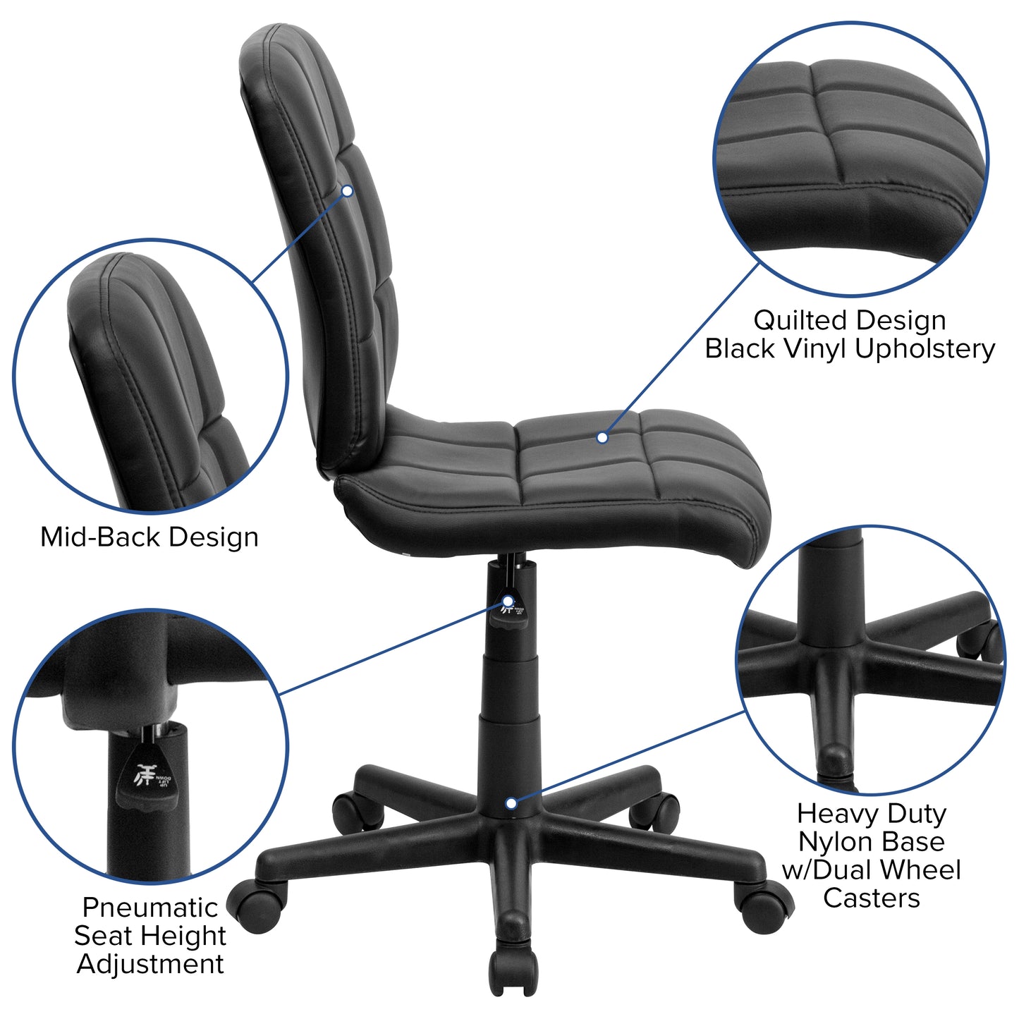 Clayton Mid-Back Black Quilted Vinyl Swivel Task Office Chair Black