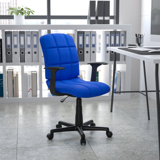 Clayton Mid-Back Blue Quilted Vinyl Swivel Task Office Chair with Arms Blue GO-1691-1-BLUE-A-GG
