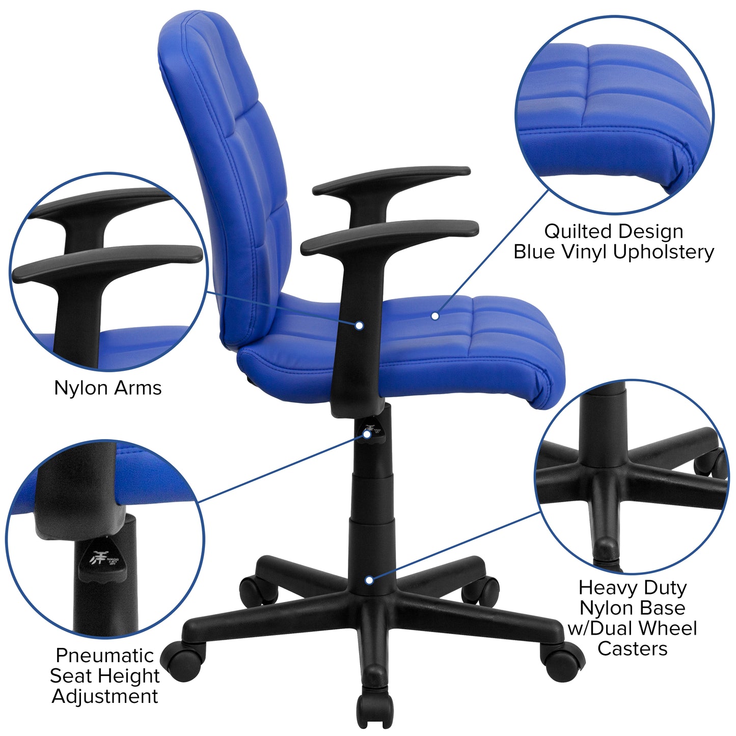 Clayton Mid-Back Blue Quilted Vinyl Swivel Task Office Chair with Arms Blue