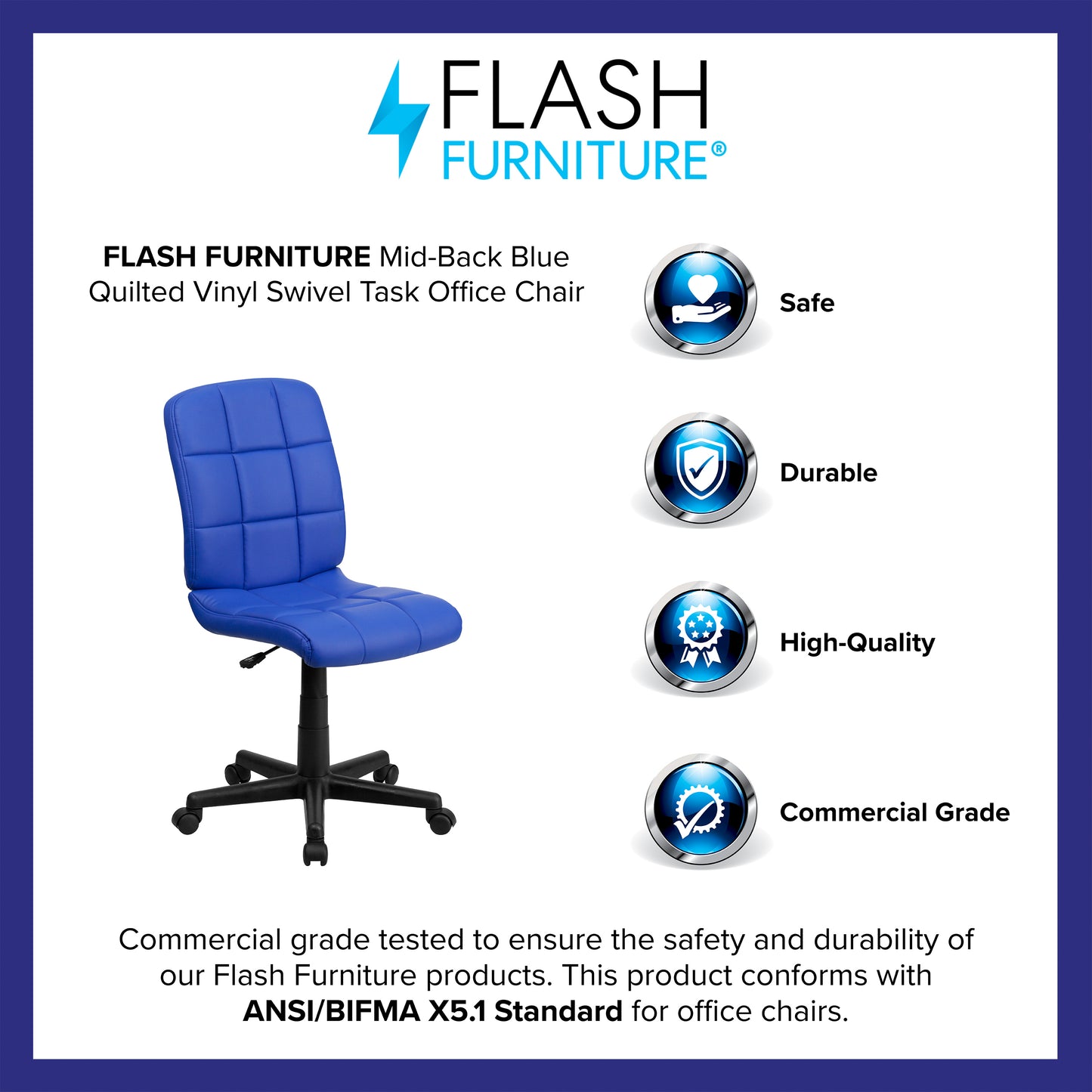 Clayton Mid-Back Blue Quilted Vinyl Swivel Task Office Chair Blue GO-1691-1-BLUE-GG