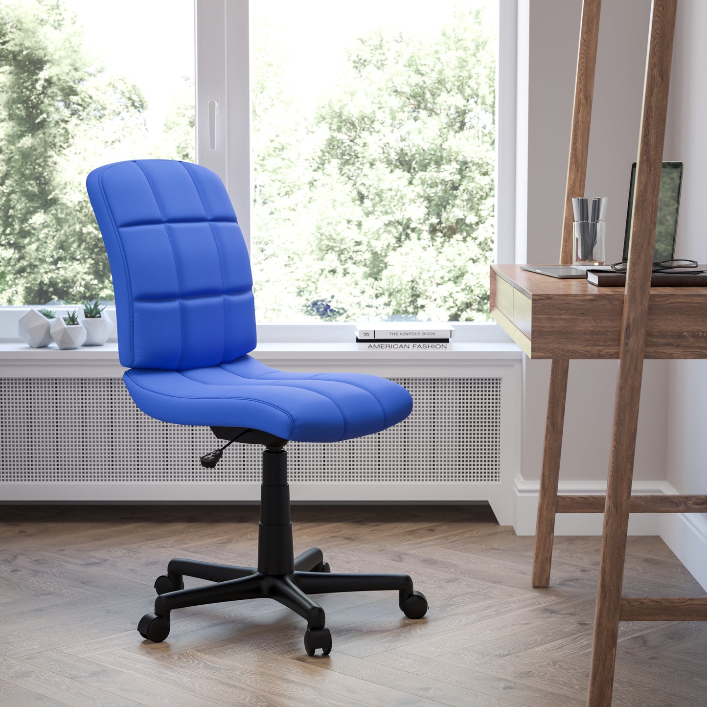 Clayton Mid-Back Blue Quilted Vinyl Swivel Task Office Chair Blue GO-1691-1-BLUE-GG