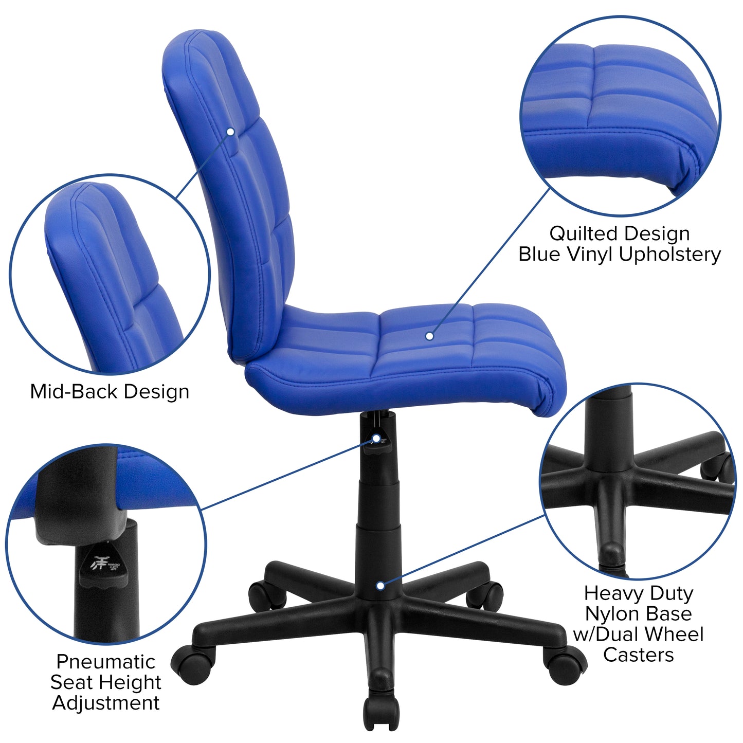 Clayton Mid-Back Blue Quilted Vinyl Swivel Task Office Chair Blue GO-1691-1-BLUE-GG