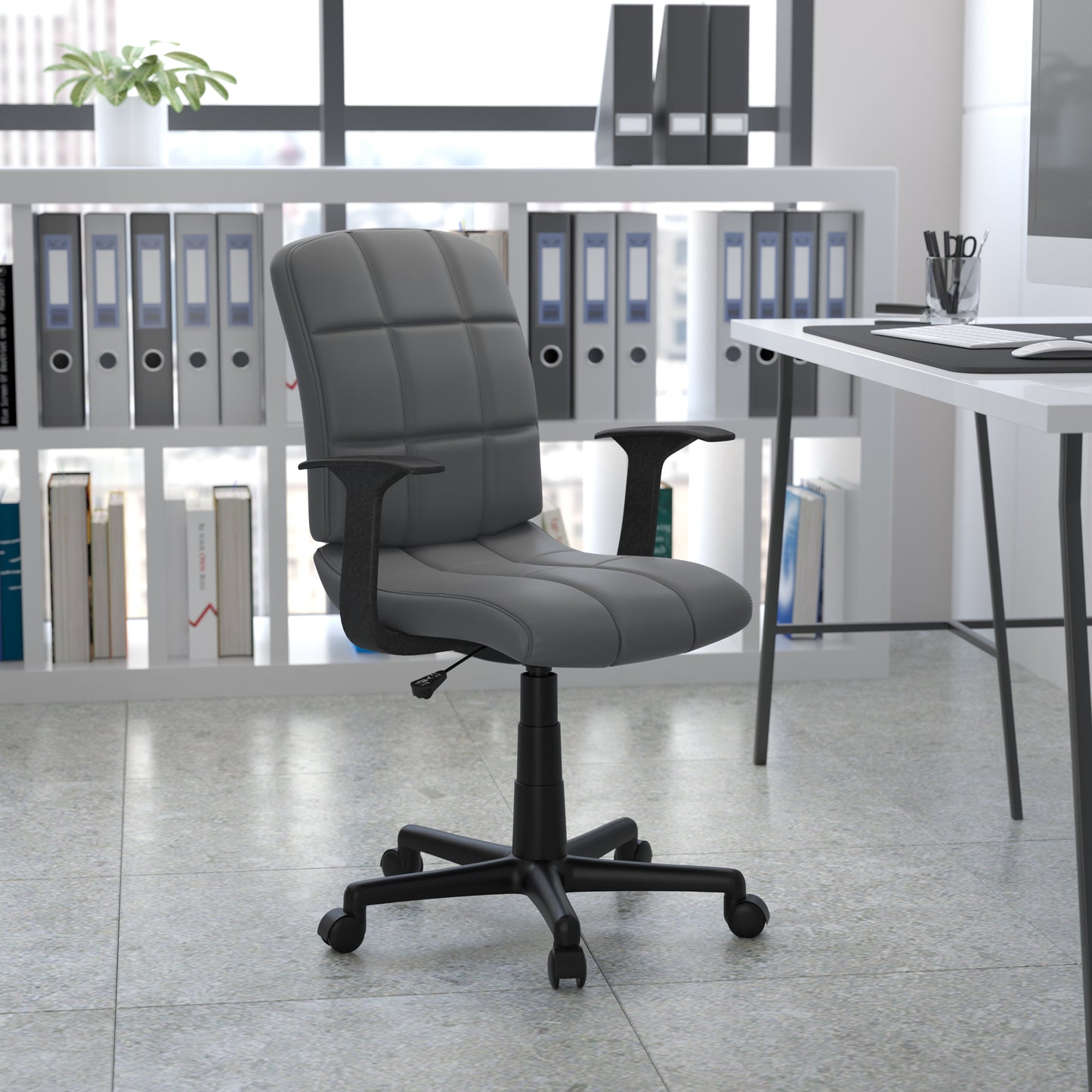 Clayton Mid-Back Gray Quilted Vinyl Swivel Task Office Chair with Arms Gray