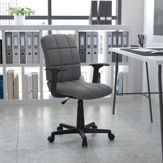 Clayton Mid-Back Gray Quilted Vinyl Swivel Task Office Chair with Arms Gray GO-1691-1-GY-A-GG