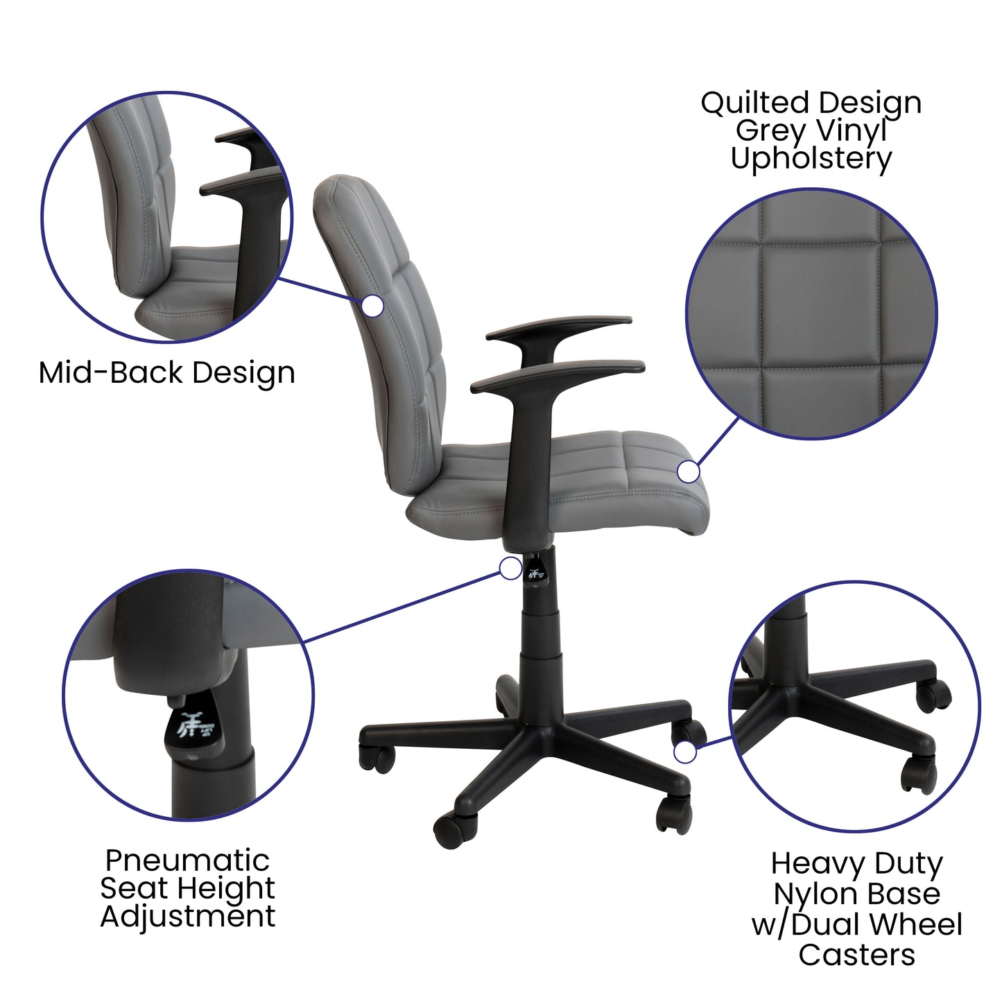 Clayton Mid-Back Gray Quilted Vinyl Swivel Task Office Chair with Arms Gray