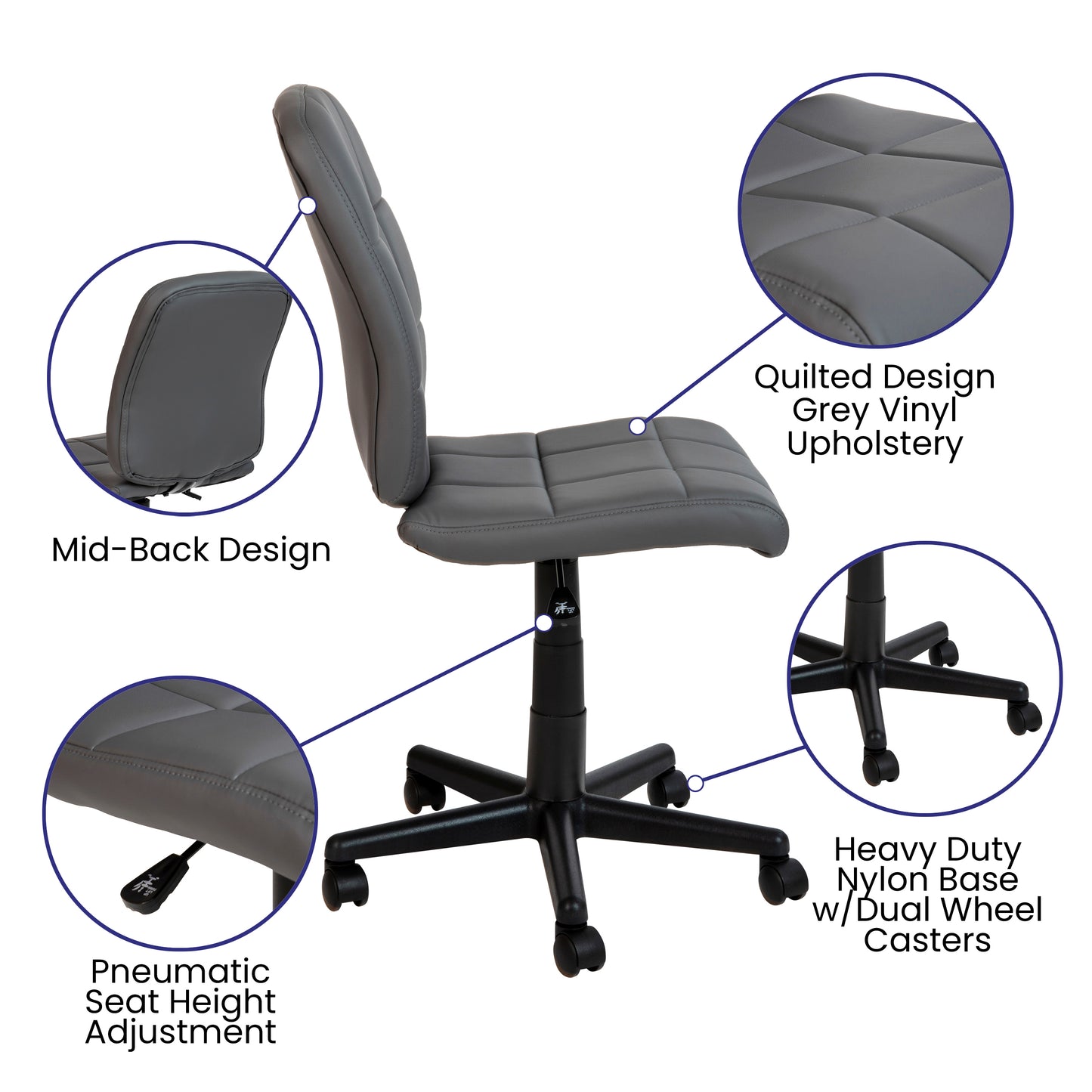 Clayton Mid-Back Gray Quilted Vinyl Swivel Task Office Chair Gray