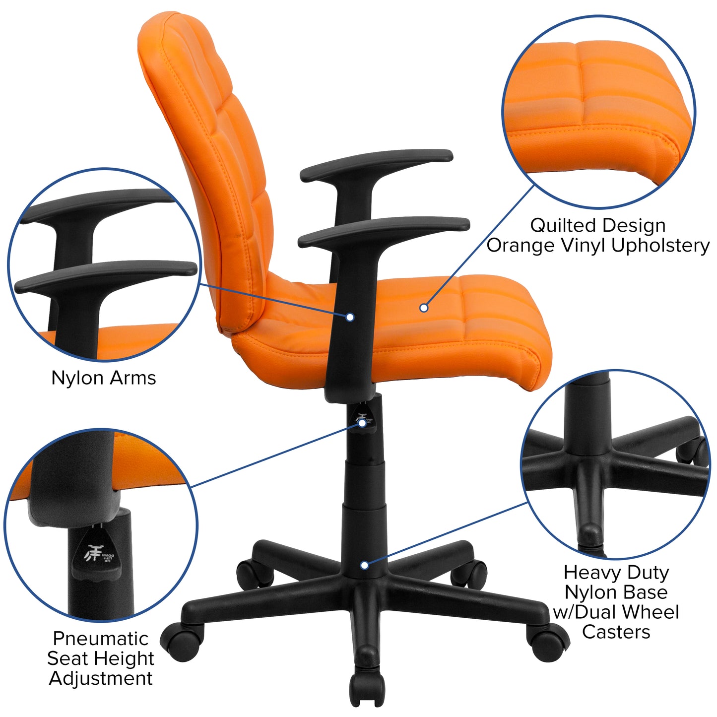 Clayton Mid-Back Orange Quilted Vinyl Swivel Task Office Chair with Arms Orange