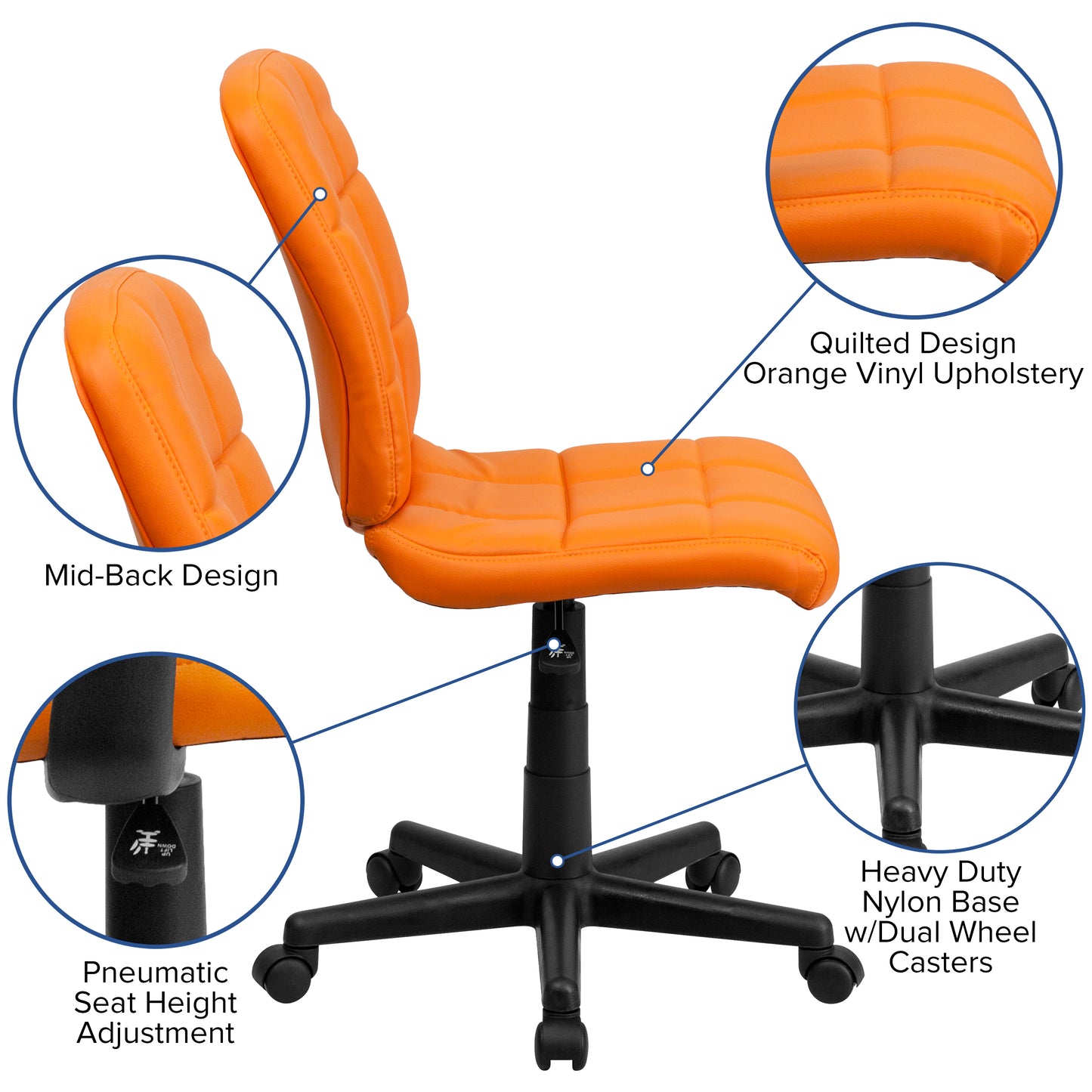 Clayton Mid-Back Orange Quilted Vinyl Swivel Task Office Chair Orange