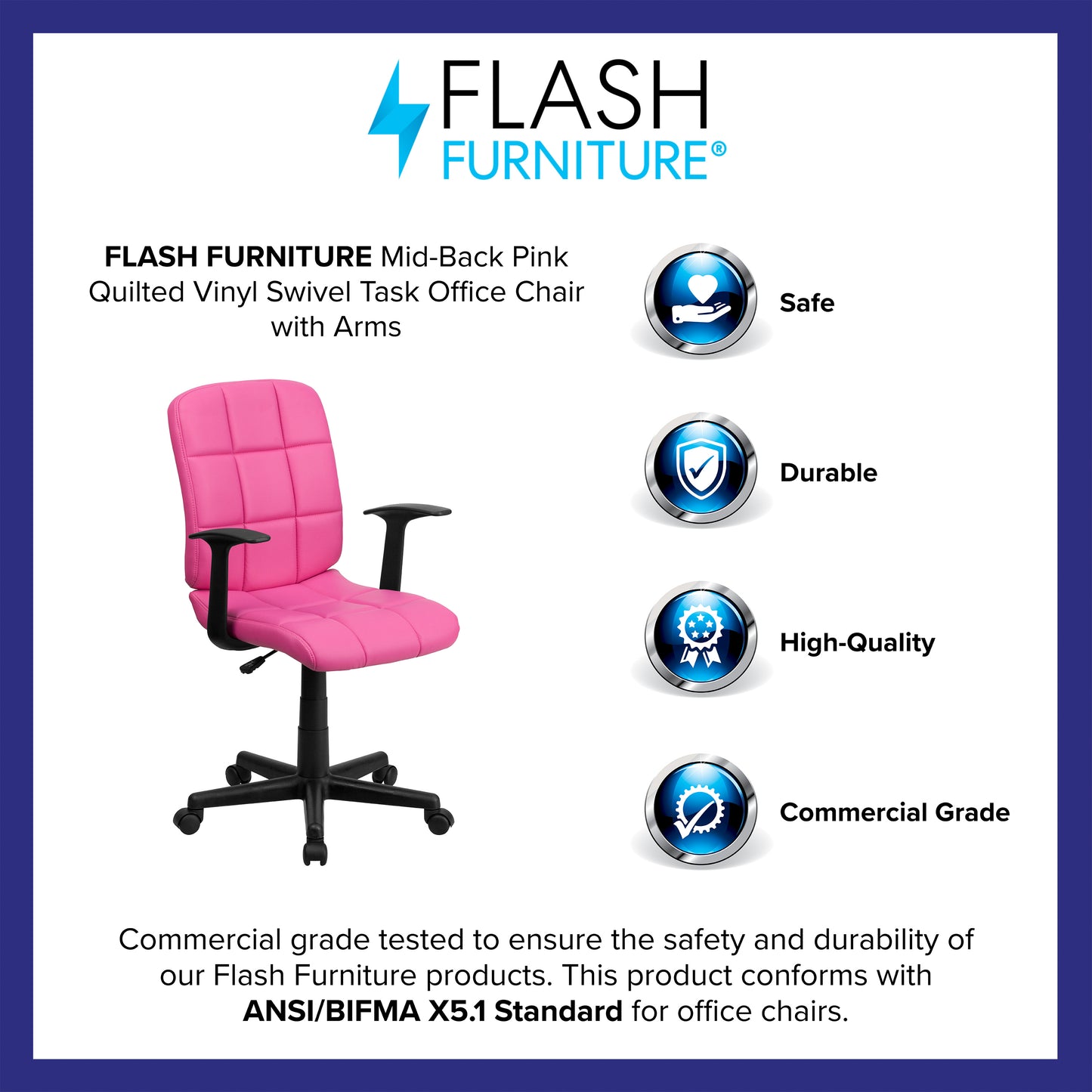 Clayton Mid-Back Pink Quilted Vinyl Swivel Task Office Chair with Arms Pink