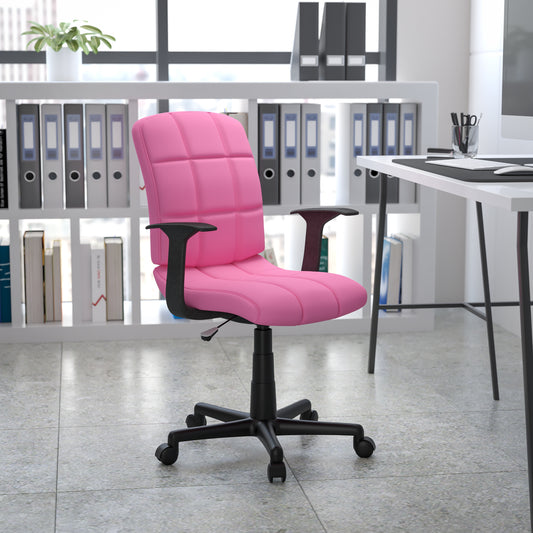 Clayton Mid-Back Pink Quilted Vinyl Swivel Task Office Chair with Arms Pink GO-1691-1-PINK-A-GG