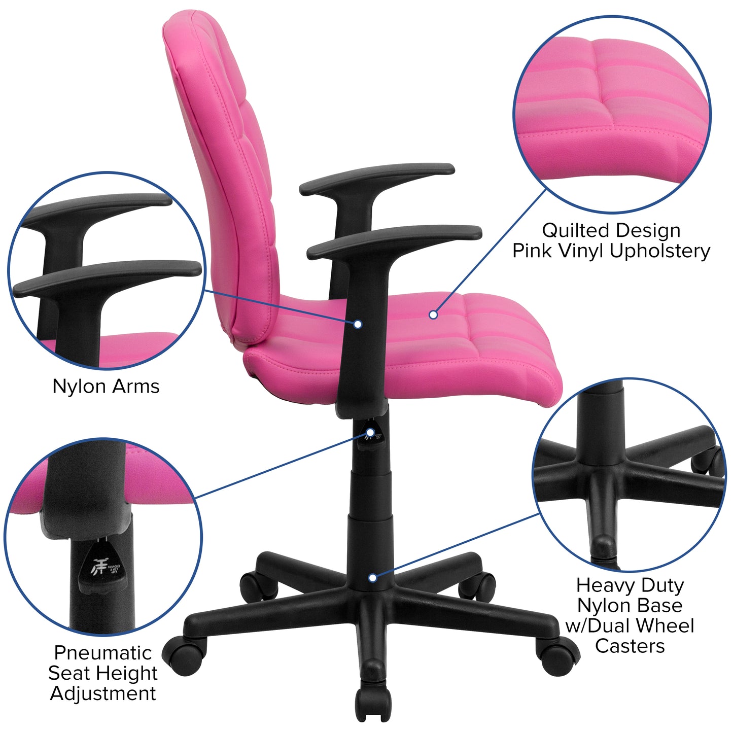 Clayton Mid-Back Pink Quilted Vinyl Swivel Task Office Chair with Arms Pink