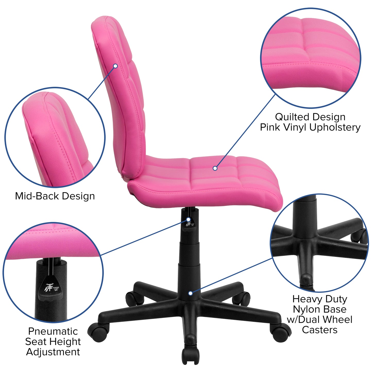 Clayton Mid-Back Pink Quilted Vinyl Swivel Task Office Chair Pink