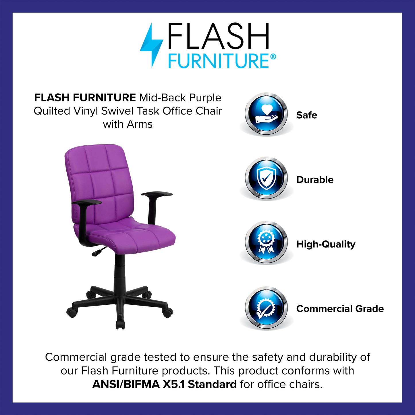 Clayton Mid-Back Purple Quilted Vinyl Swivel Task Office Chair with Arms Purple