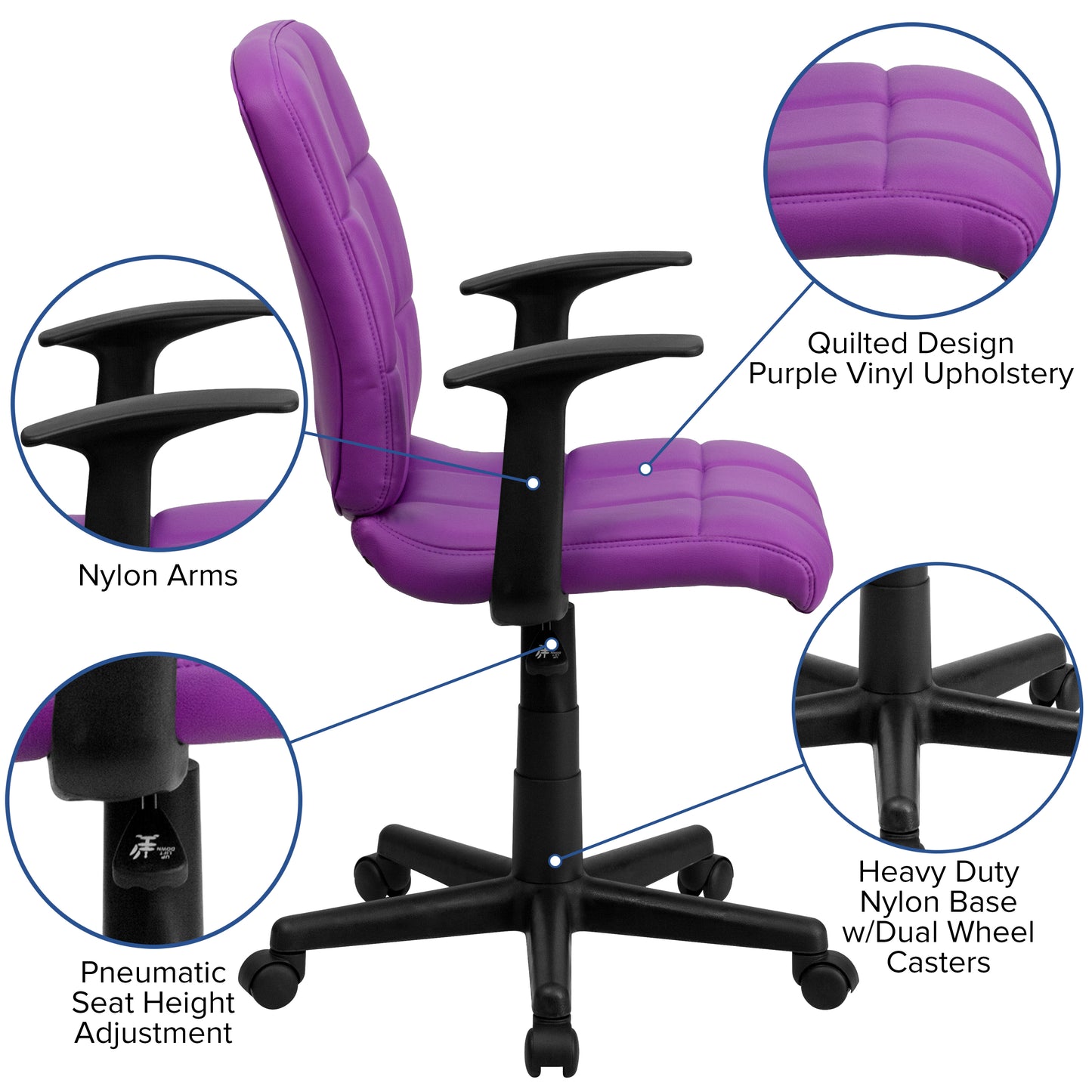 Clayton Mid-Back Purple Quilted Vinyl Swivel Task Office Chair with Arms Purple