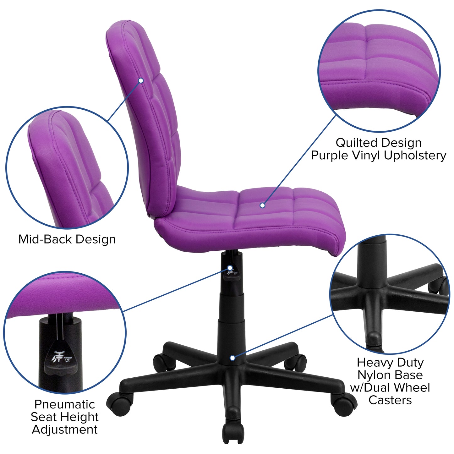 Clayton Mid-Back Purple Quilted Vinyl Swivel Task Office Chair Purple