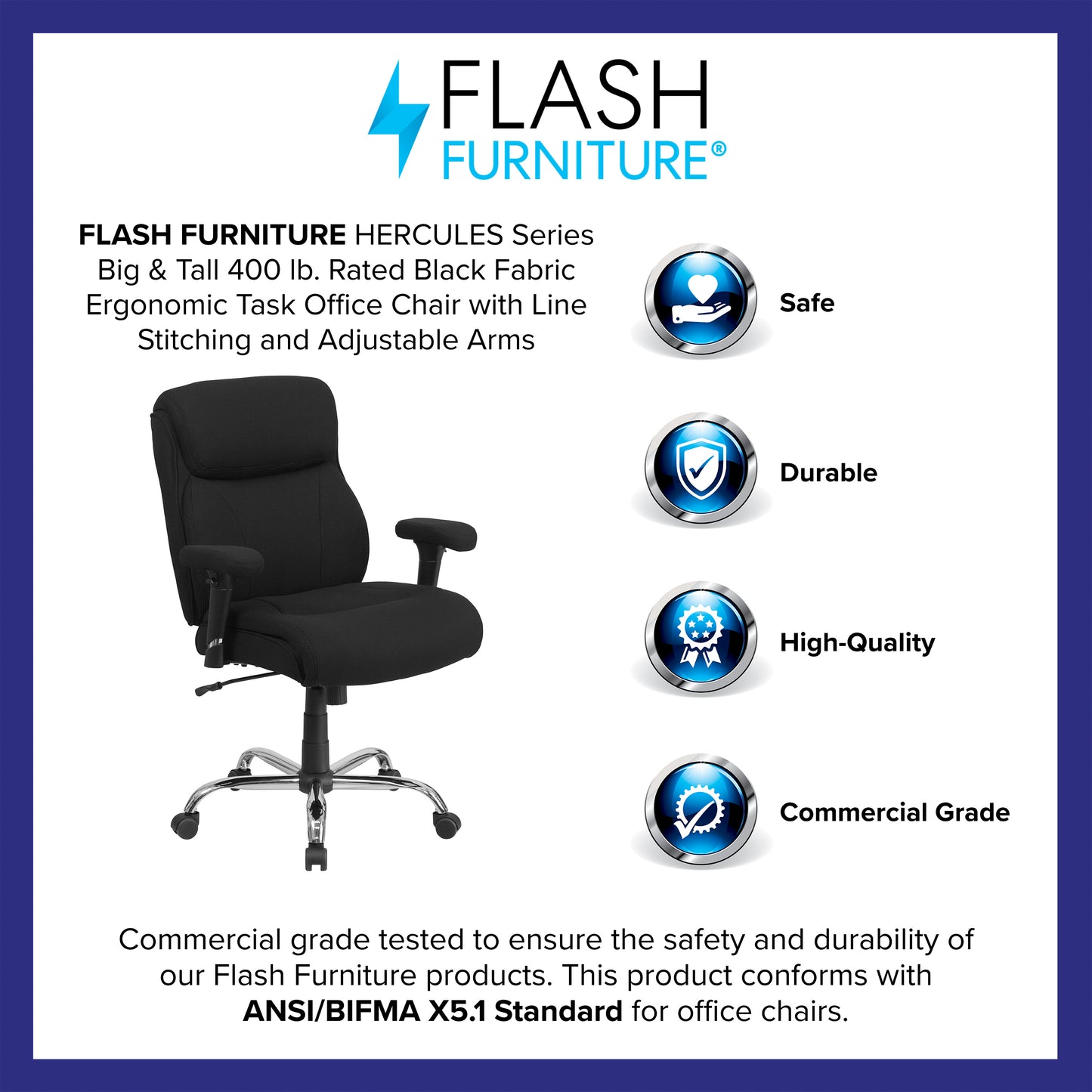 HERCULES Series Big & Tall 400 lb. Rated Black Fabric Ergonomic Task Office Chair with Line Stitching and Adjustable Arms Black Fabric