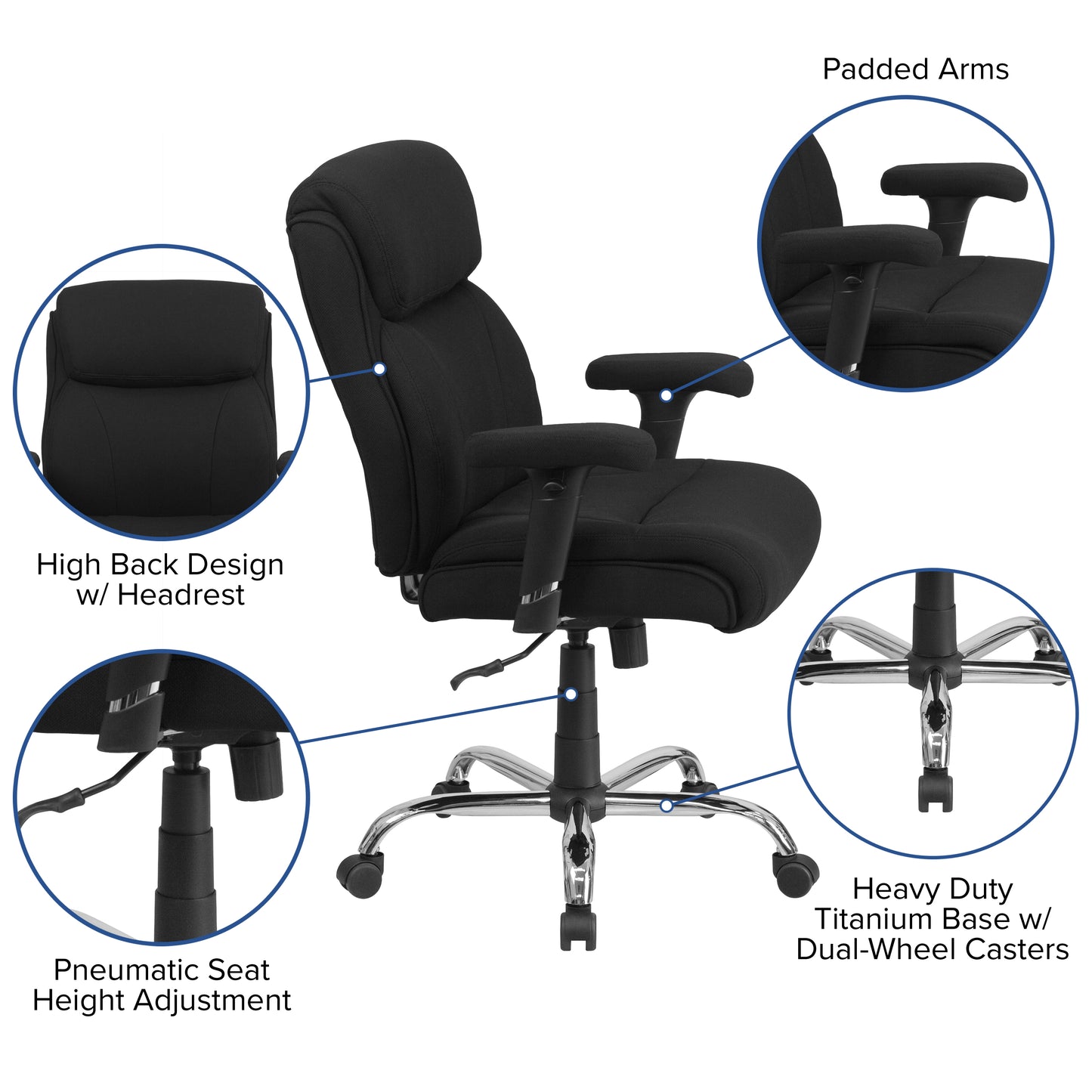 HERCULES Series Big & Tall 400 lb. Rated Black Fabric Ergonomic Task Office Chair with Line Stitching and Adjustable Arms Black Fabric