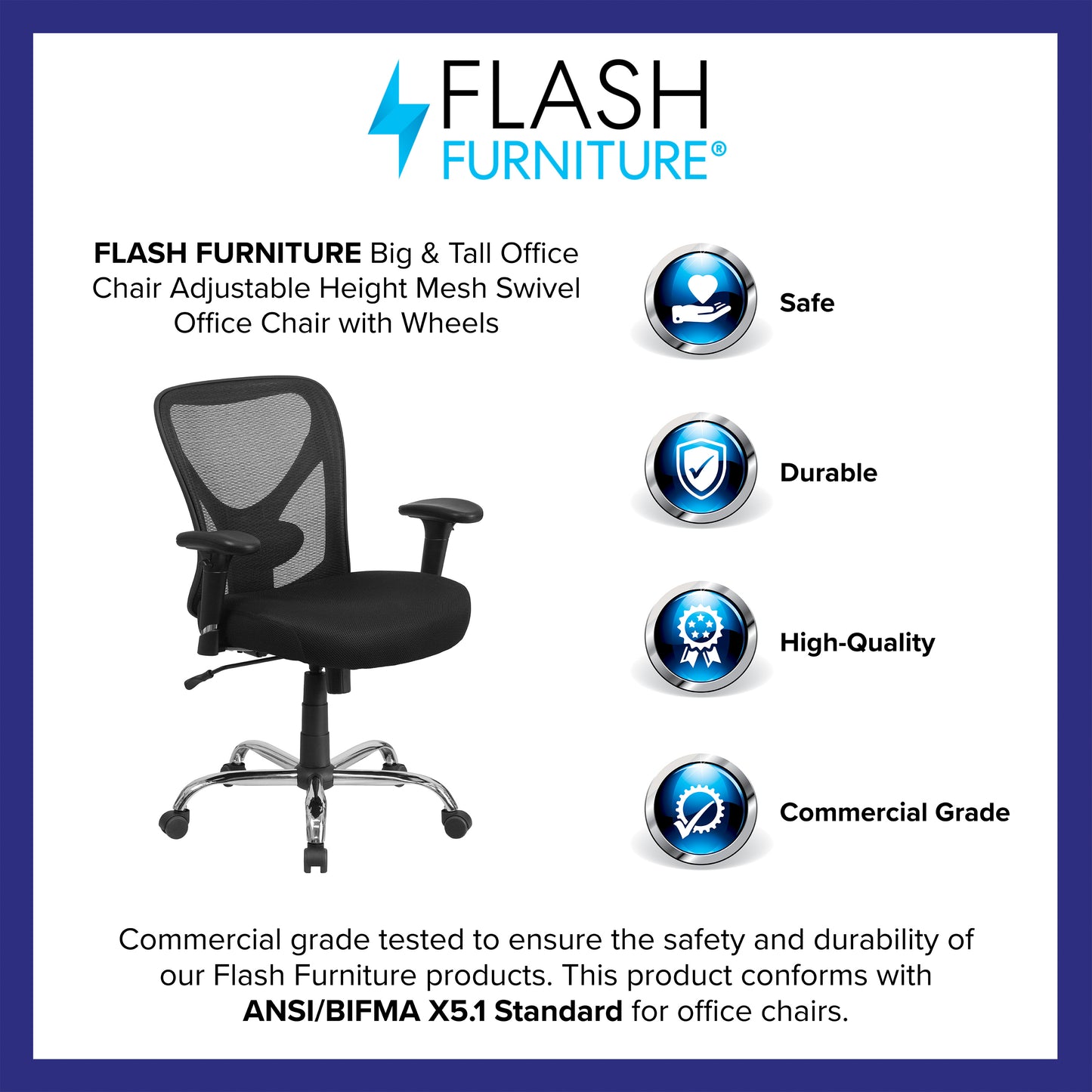 Big & Tall Office Chair | Adjustable Height Mesh Swivel Office Chair with Wheels Black