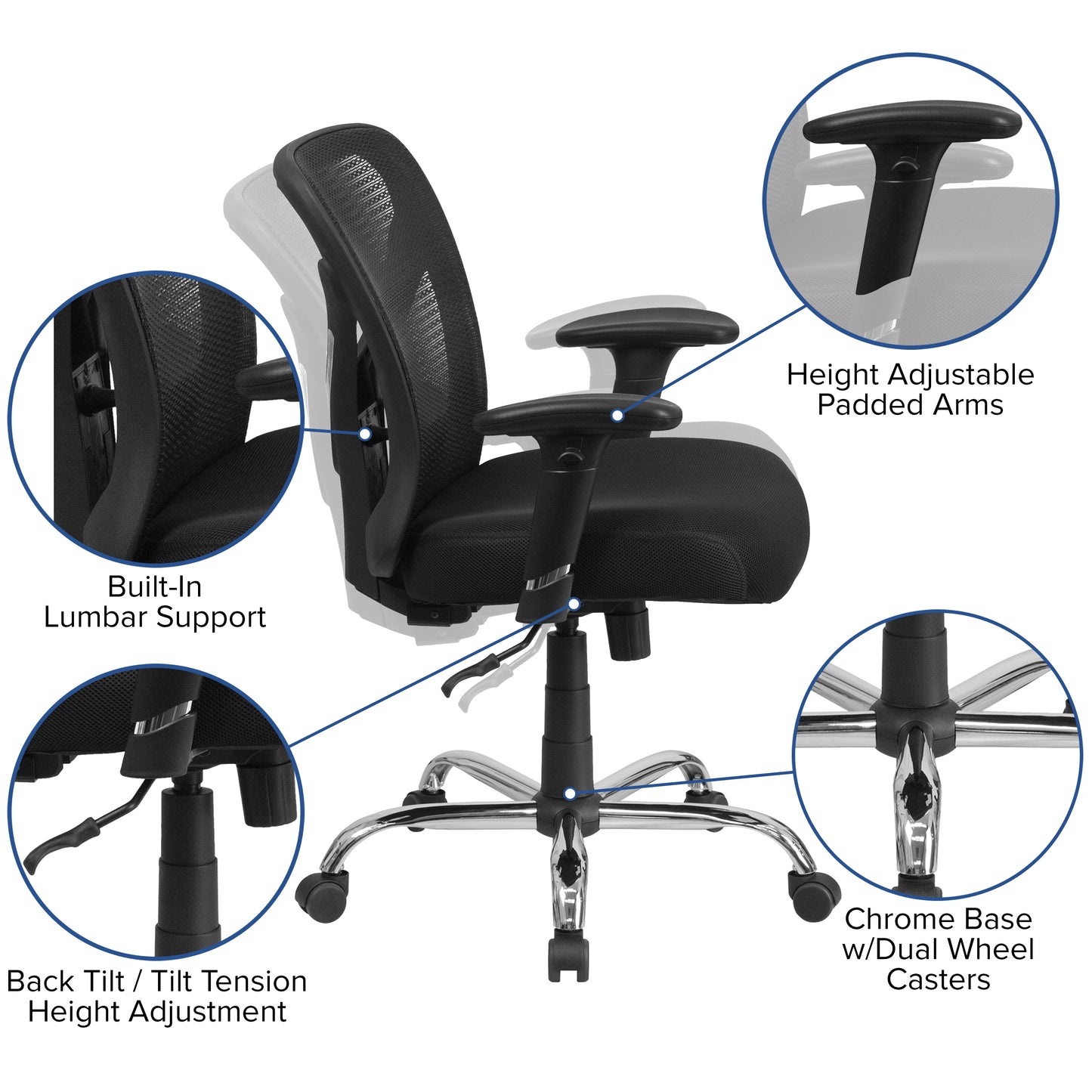 Big & Tall Office Chair | Adjustable Height Mesh Swivel Office Chair with Wheels Black