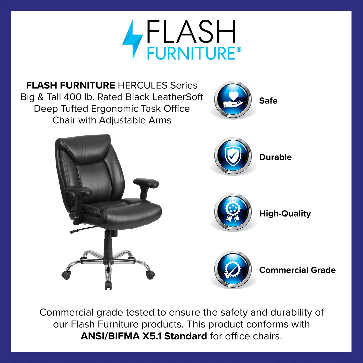 HERCULES Series Big & Tall 400 lb. Rated Black LeatherSoft Deep Tufted Ergonomic Task Office Chair with Adjustable Arms Black LeatherSoft