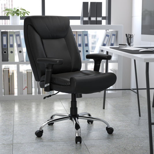 HERCULES Series Big & Tall 400 lb. Rated Black LeatherSoft Deep Tufted Ergonomic Task Office Chair with Adjustable Arms Black LeatherSoft GO-2073-LEA-GG