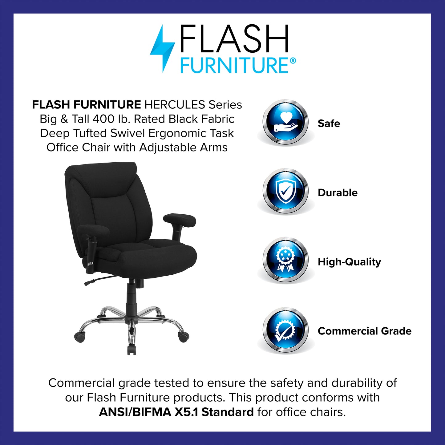 HERCULES Series Big & Tall 400 lb. Rated Black Fabric Deep Tufted Swivel Ergonomic Task Office Chair with Adjustable Arms Black Fabric