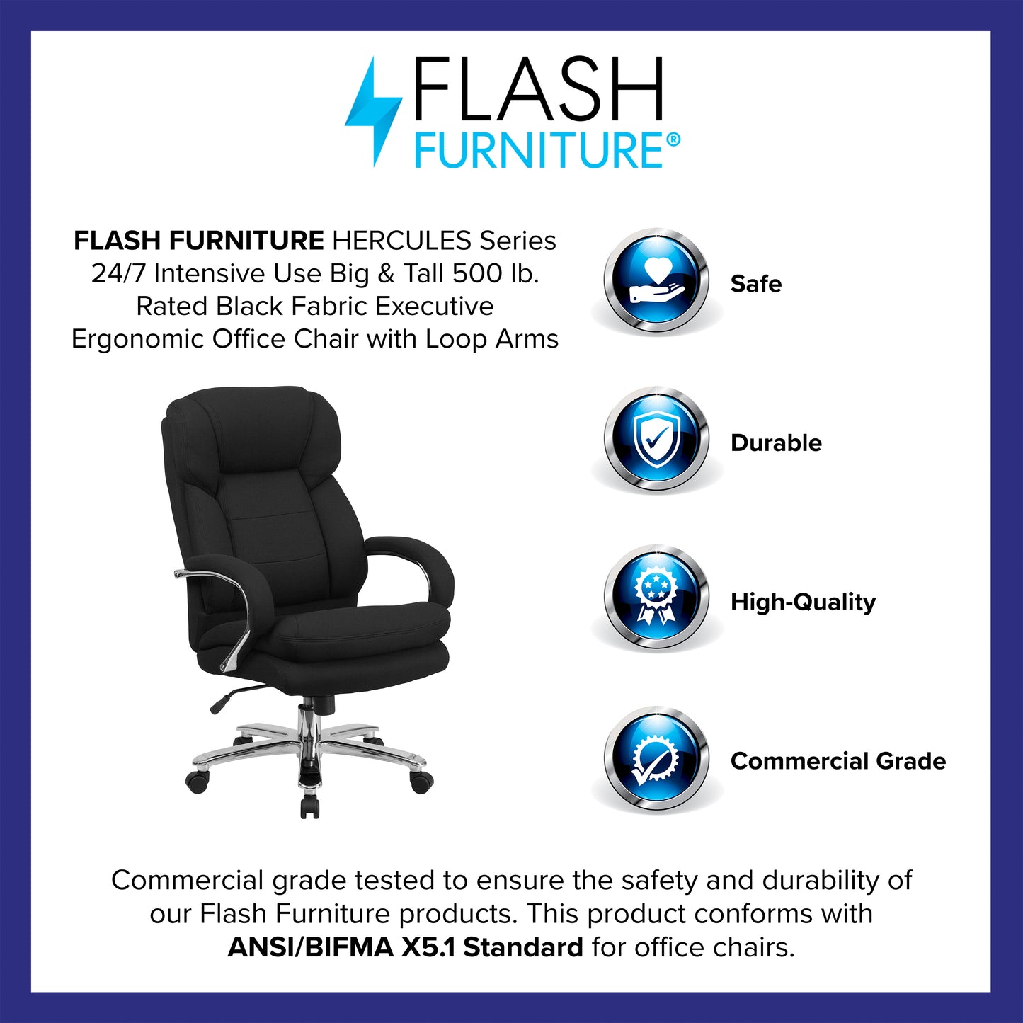 HERCULES Series 24/7 Intensive Use Big & Tall 500 lb. Rated Black Fabric Executive Ergonomic Office Chair with Loop Arms Black Fabric