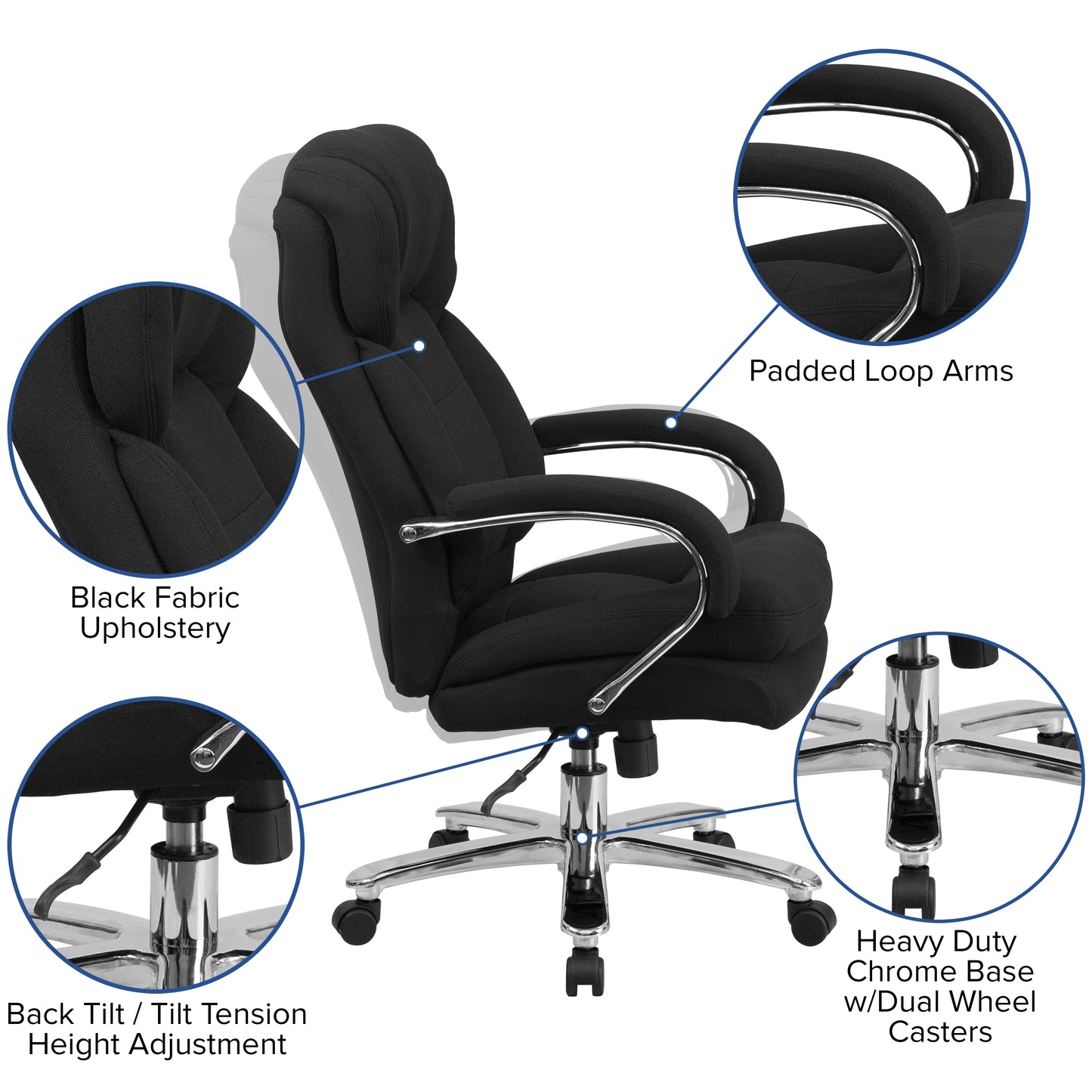 HERCULES Series 24/7 Intensive Use Big & Tall 500 lb. Rated Black Fabric Executive Ergonomic Office Chair with Loop Arms Black Fabric