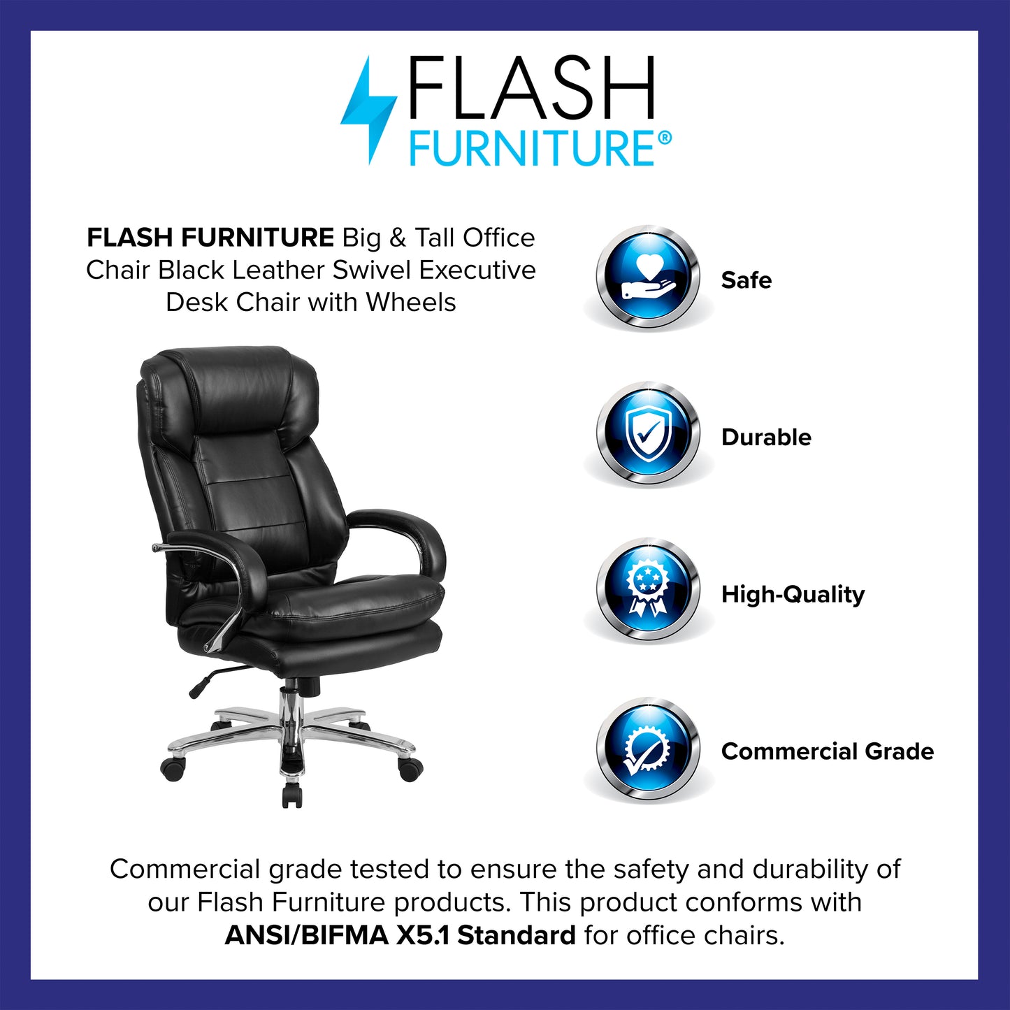 Big & Tall Office Chair | Black LeatherSoft Swivel Executive Desk Chair with Wheels Black LeatherSoft