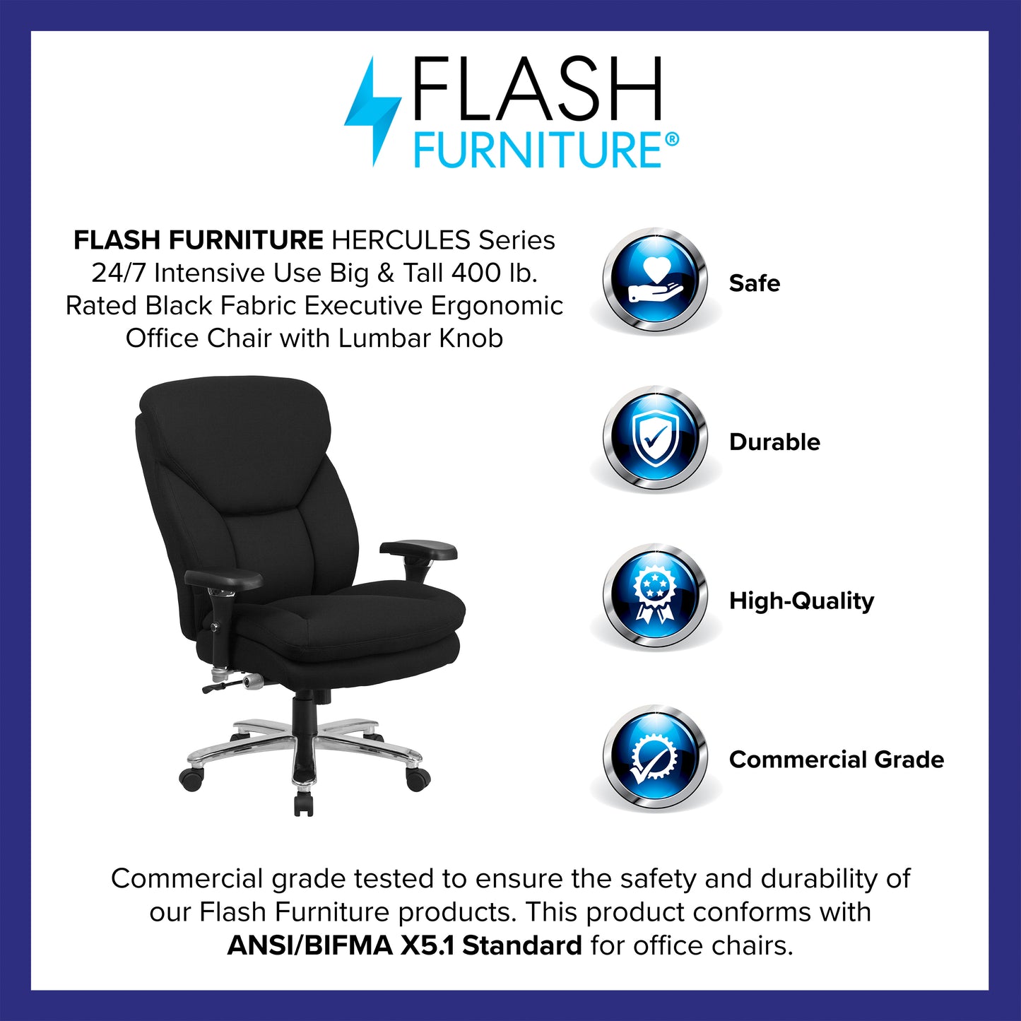 HERCULES Series 24/7 Intensive Use Big & Tall 400 lb. Rated Black Fabric Executive Ergonomic Office Chair with Lumbar Knob Black Fabric
