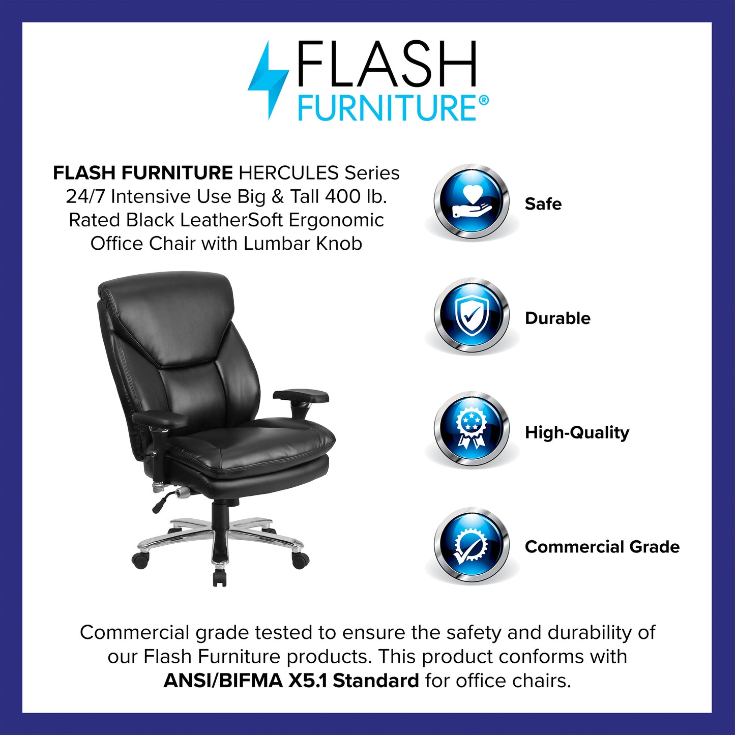 HERCULES Series 24/7 Intensive Use Big & Tall 400 lb. Rated Black LeatherSoft Ergonomic Office Chair with Lumbar Knob Black LeatherSoft GO-2085-LEA-GG