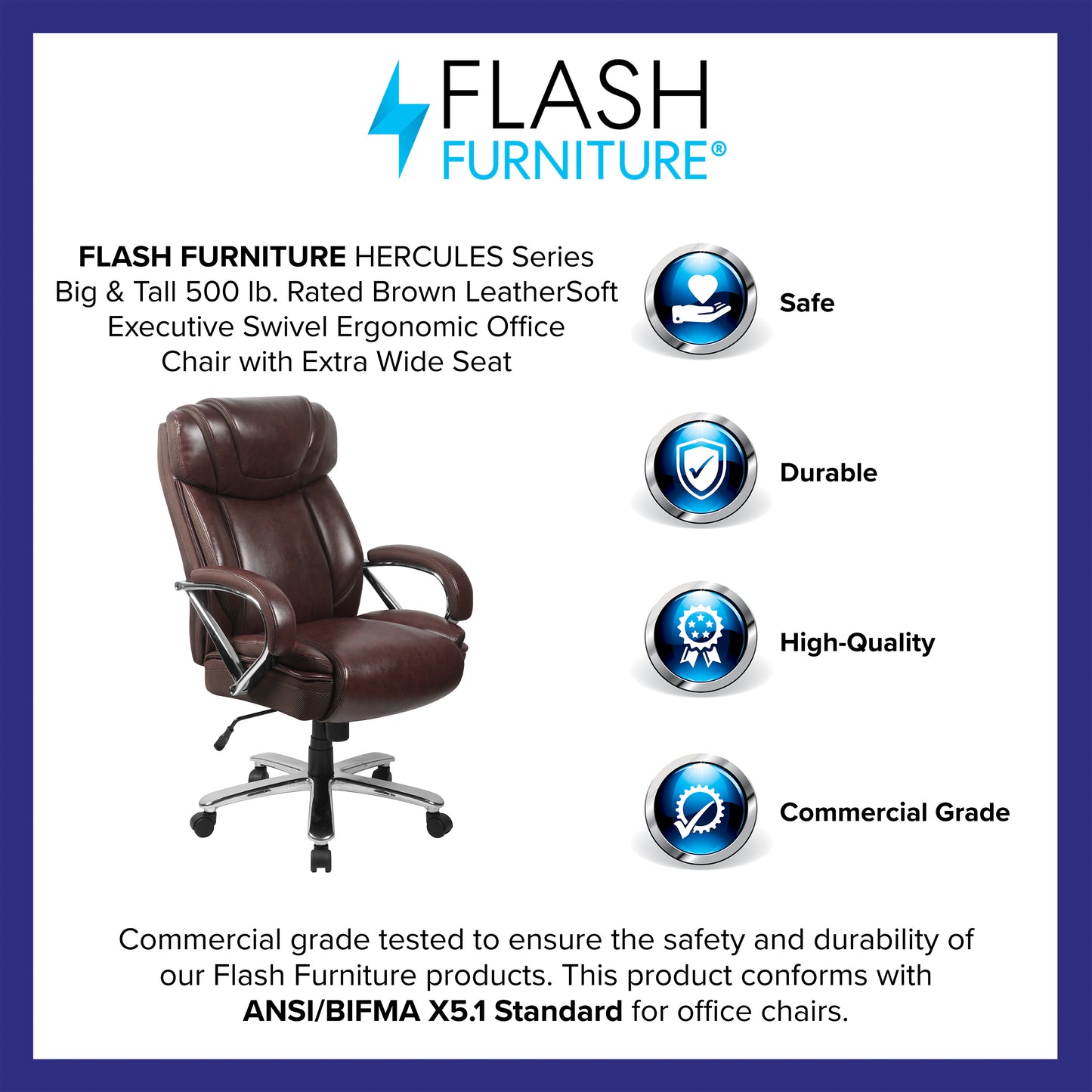 HERCULES Series Big & Tall 500 lb. Rated Brown LeatherSoft Executive Swivel Ergonomic Office Chair with Extra Wide Seat Brown