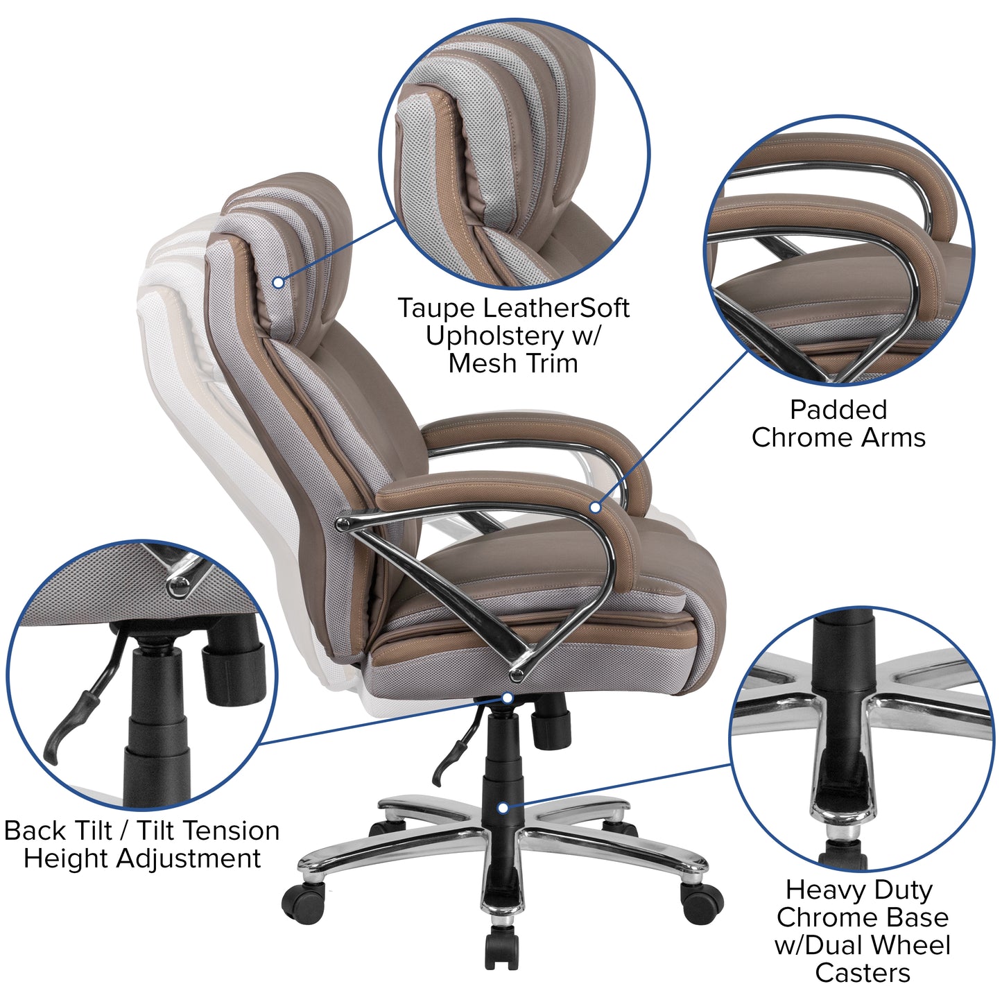 HERCULES Series Big & Tall 500 lb. Rated Taupe LeatherSoft Executive Swivel Ergonomic Office Chair with Extra Wide Seat Taupe