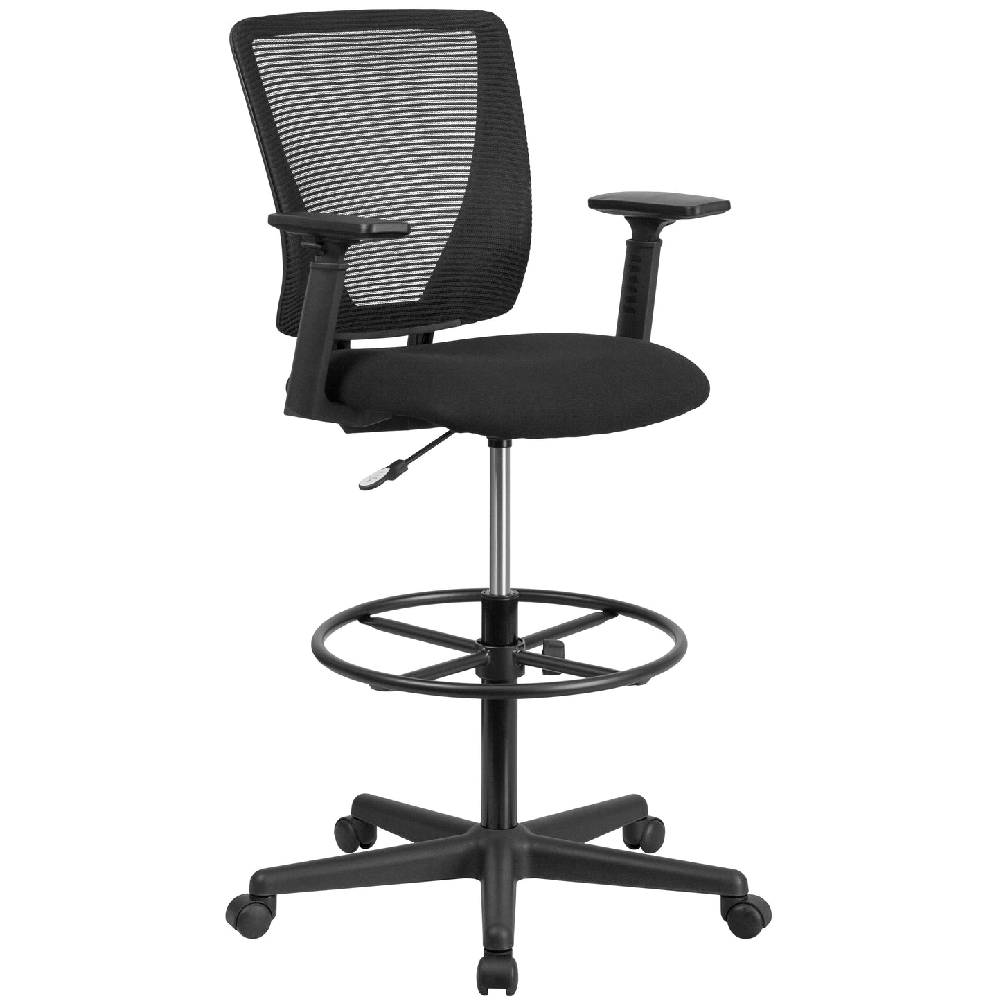 Harper Ergonomic Mid-Back Mesh Drafting Chair with Black Fabric Seat, Adjustable Foot Ring and Adjustable Arms Black