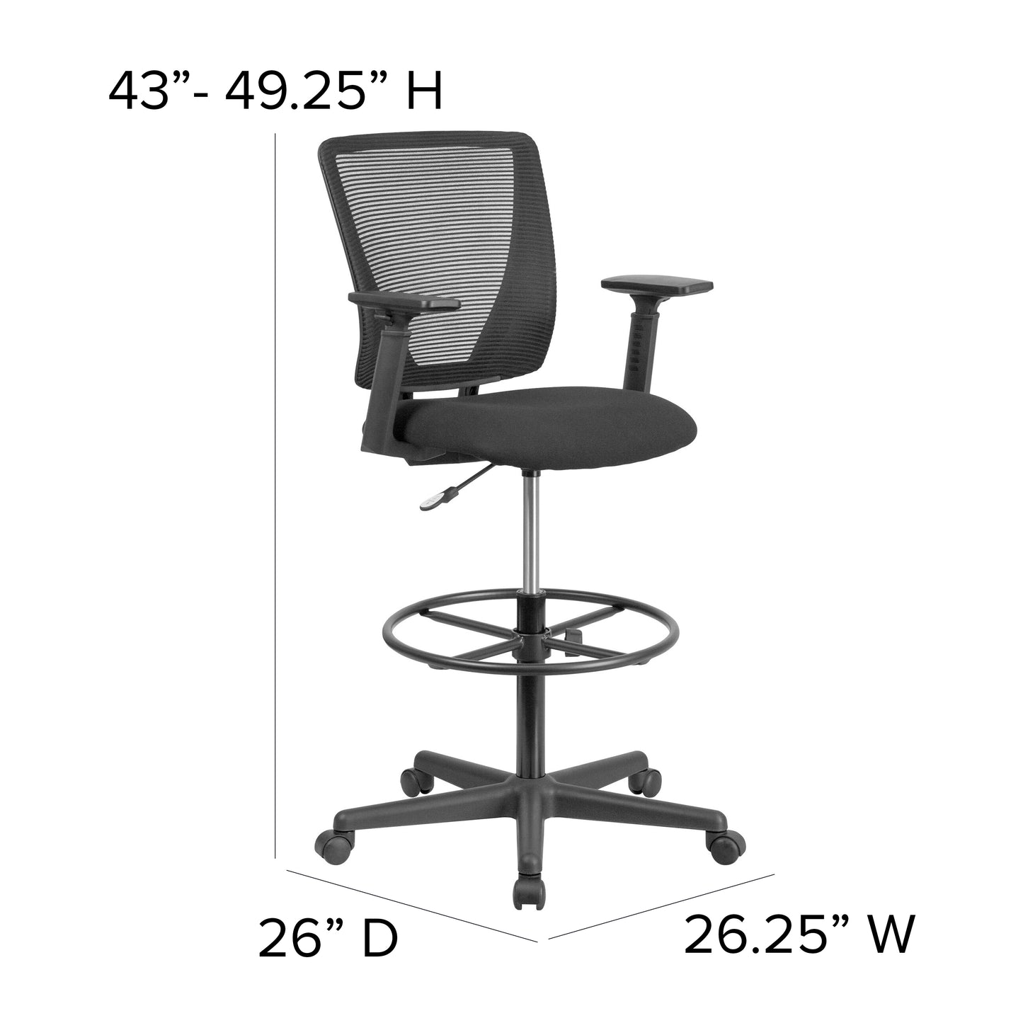 Harper Ergonomic Mid-Back Mesh Drafting Chair with Black Fabric Seat, Adjustable Foot Ring and Adjustable Arms Black