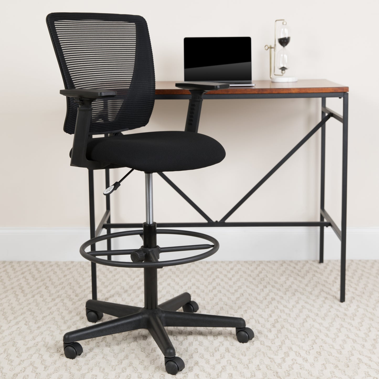 Harper Ergonomic Mid-Back Mesh Drafting Chair with Black Fabric Seat, Adjustable Foot Ring and Adjustable Arms Black