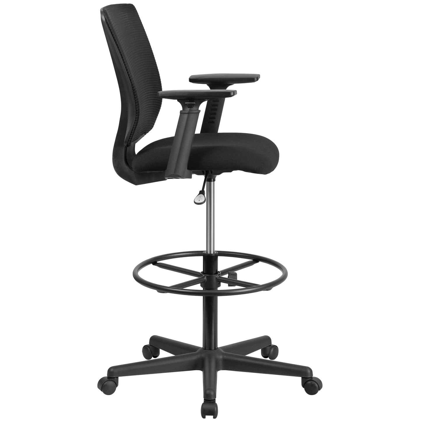 Harper Ergonomic Mid-Back Mesh Drafting Chair with Black Fabric Seat, Adjustable Foot Ring and Adjustable Arms Black