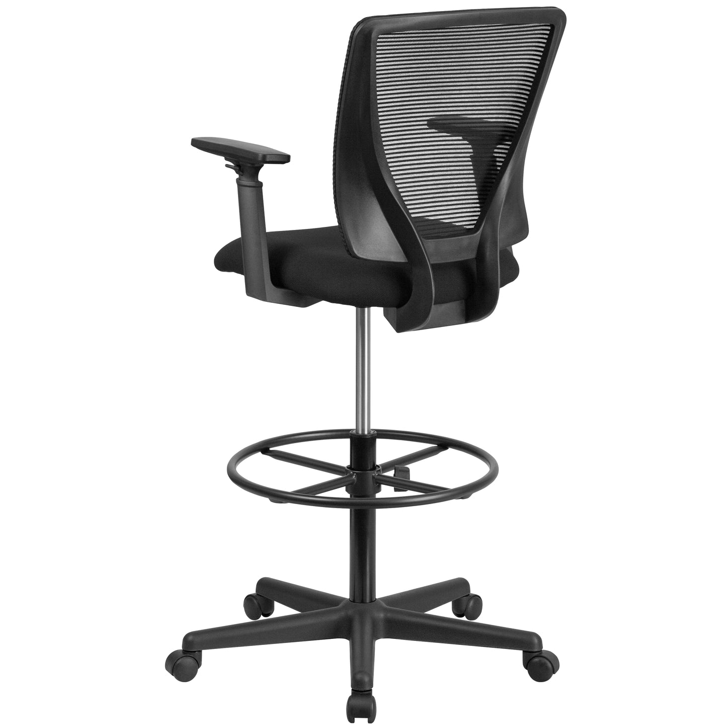 Harper Ergonomic Mid-Back Mesh Drafting Chair with Black Fabric Seat, Adjustable Foot Ring and Adjustable Arms Black