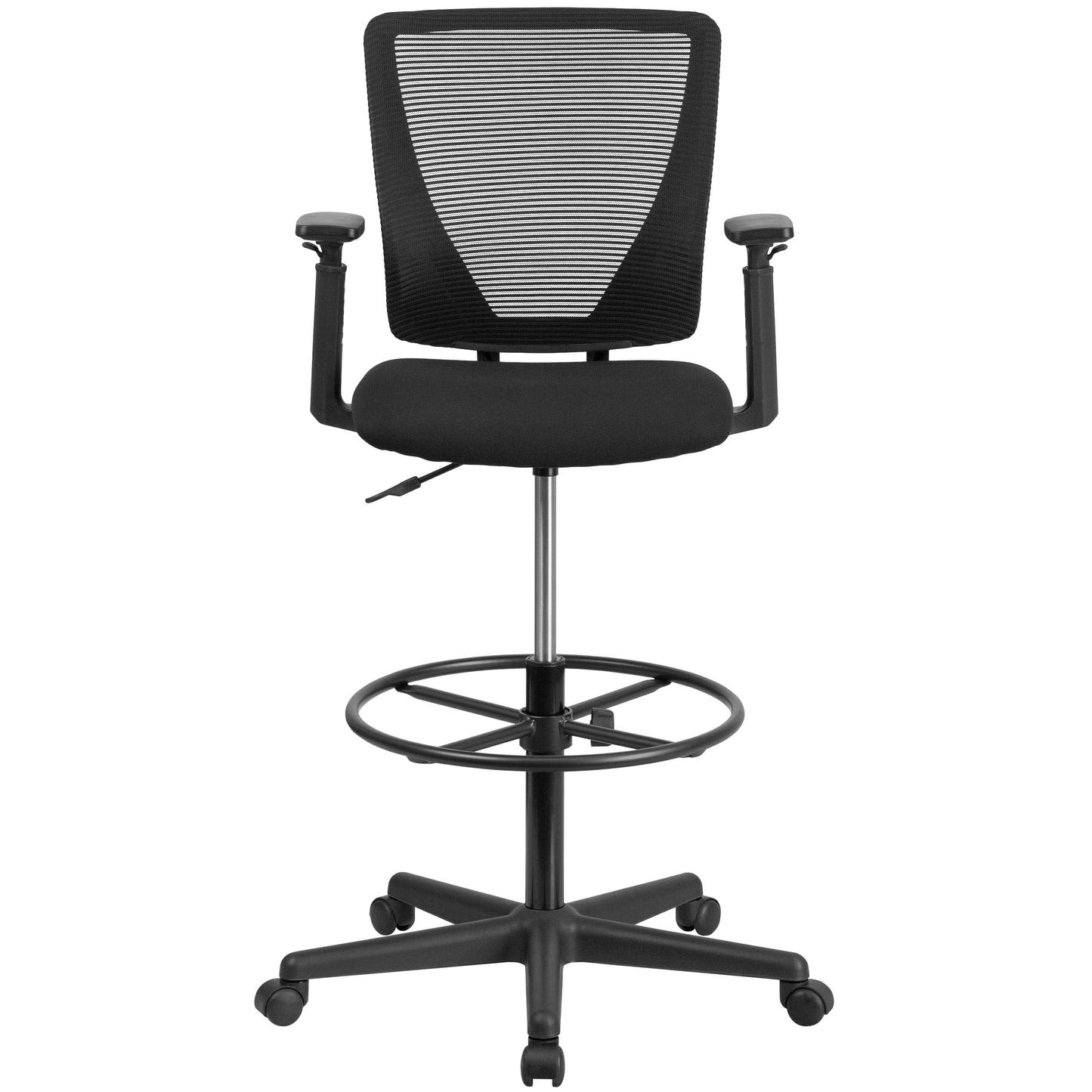 Harper Ergonomic Mid-Back Mesh Drafting Chair with Black Fabric Seat, Adjustable Foot Ring and Adjustable Arms Black