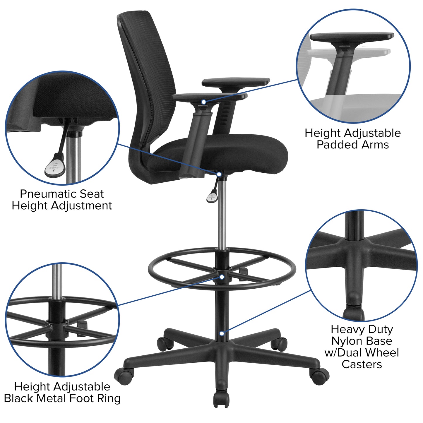 Harper Ergonomic Mid-Back Mesh Drafting Chair with Black Fabric Seat, Adjustable Foot Ring and Adjustable Arms Black