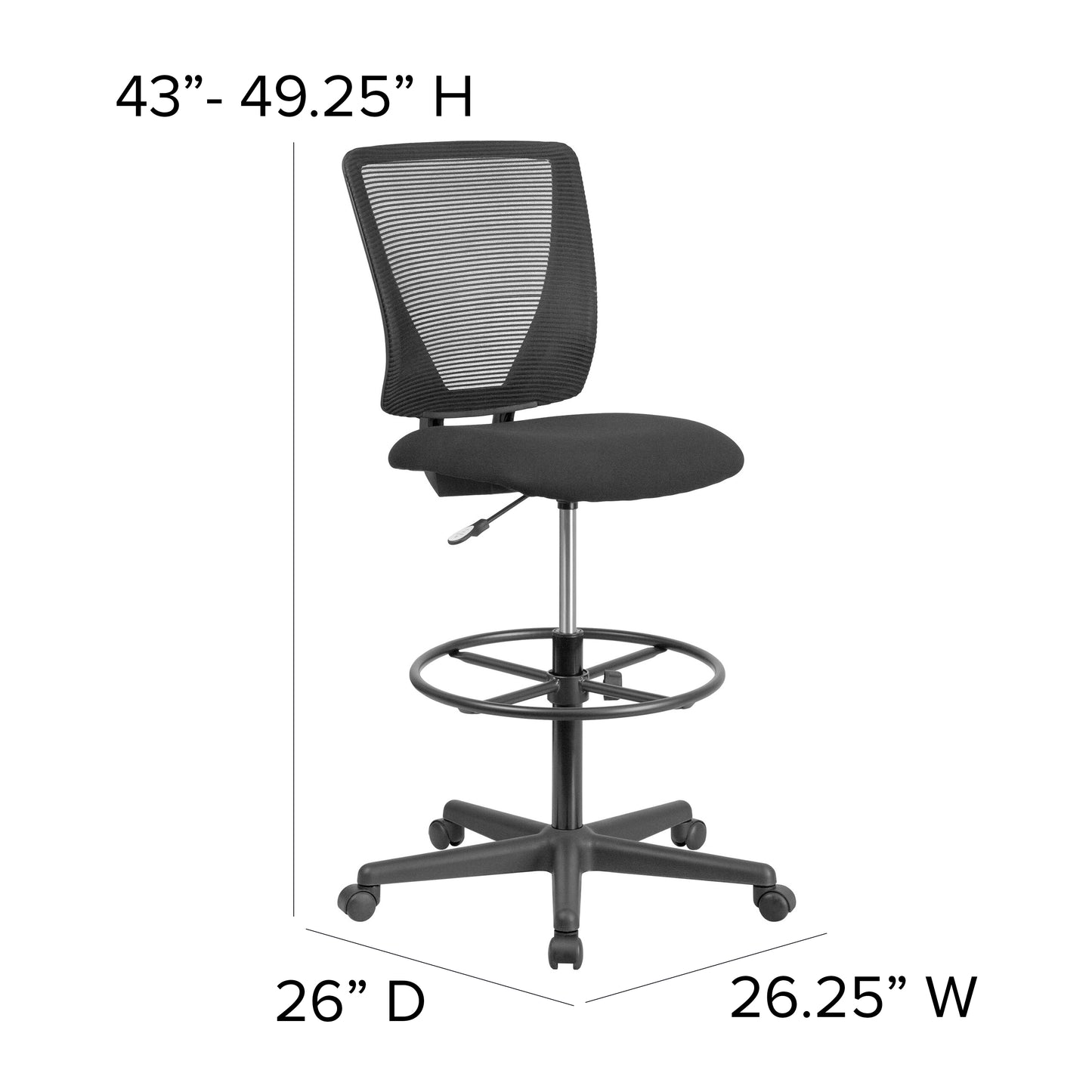 Harper Ergonomic Mid-Back Mesh Drafting Chair with Black Fabric Seat and Adjustable Foot Ring Black