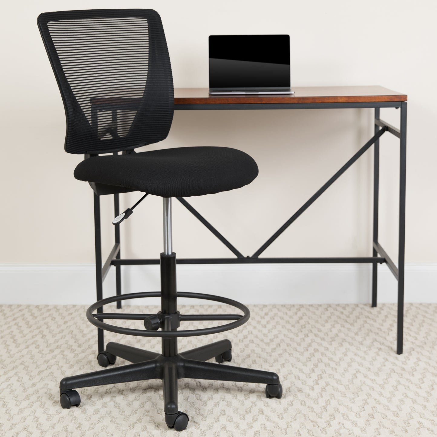 Harper Ergonomic Mid-Back Mesh Drafting Chair with Black Fabric Seat and Adjustable Foot Ring Black