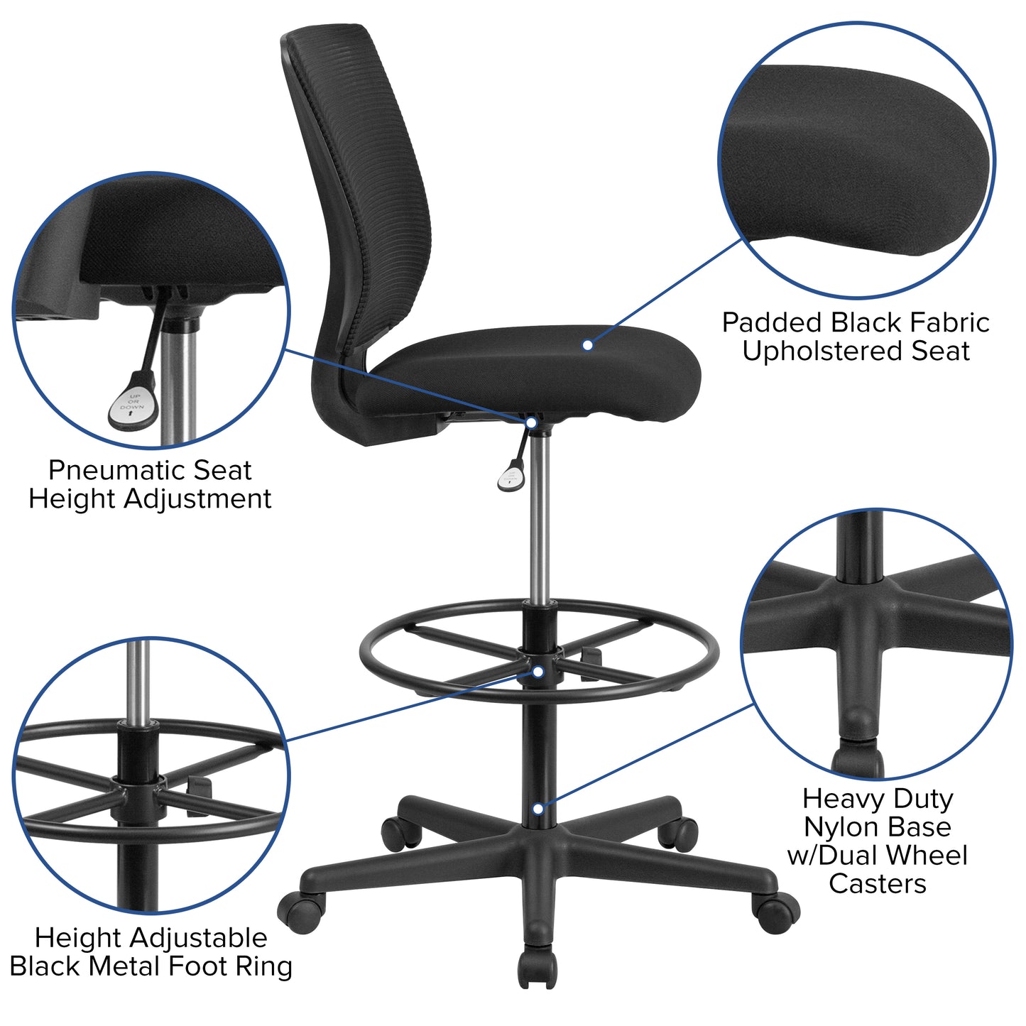 Harper Ergonomic Mid-Back Mesh Drafting Chair with Black Fabric Seat and Adjustable Foot Ring Black