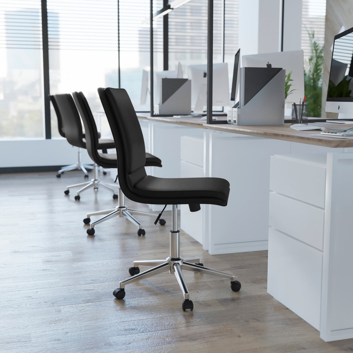 Madigan Mid-Back Armless Swivel Task Office Chair with LeatherSoft and Adjustable Chrome Base, Black Black