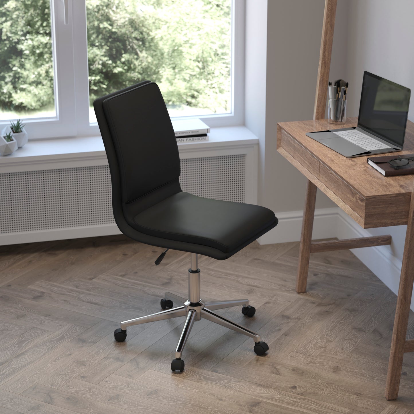 Madigan Mid-Back Armless Swivel Task Office Chair with LeatherSoft and Adjustable Chrome Base, Black Black